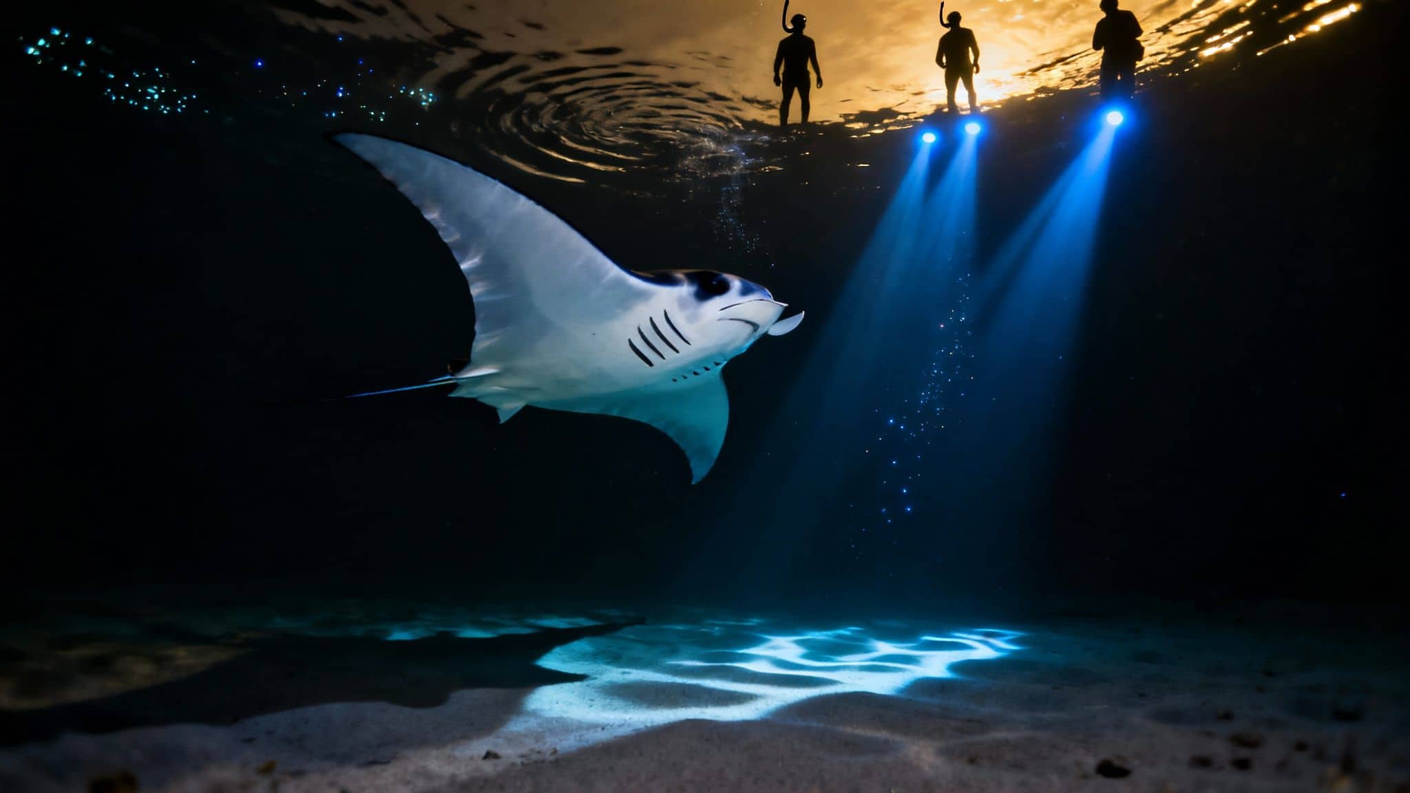 Majestic manta ray gliding underwater with snorkelers above at sunset during ocean tour