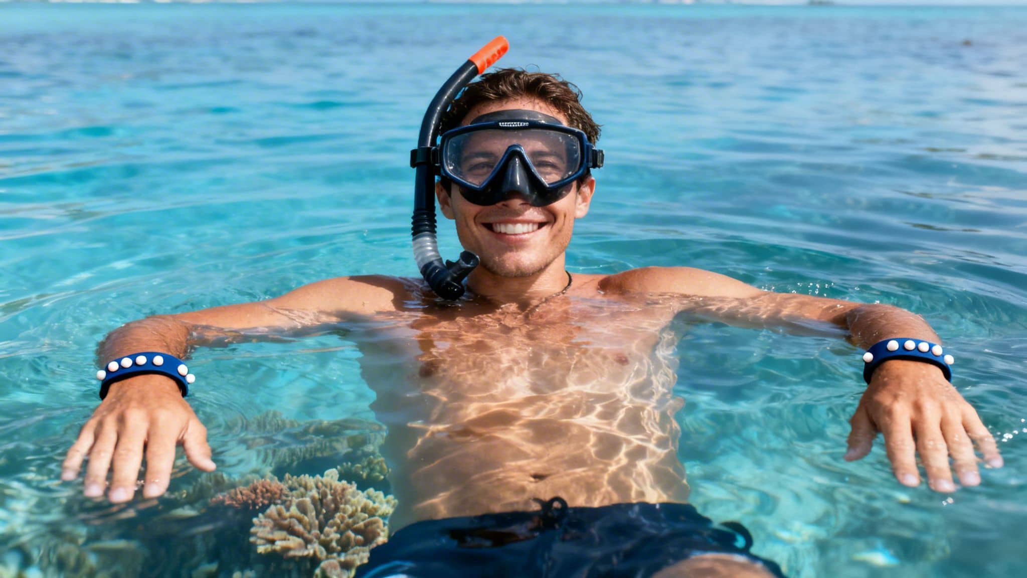 A smiling man wearing a snorkel mask and blue wristbands floats in clear turquoise water with coral.