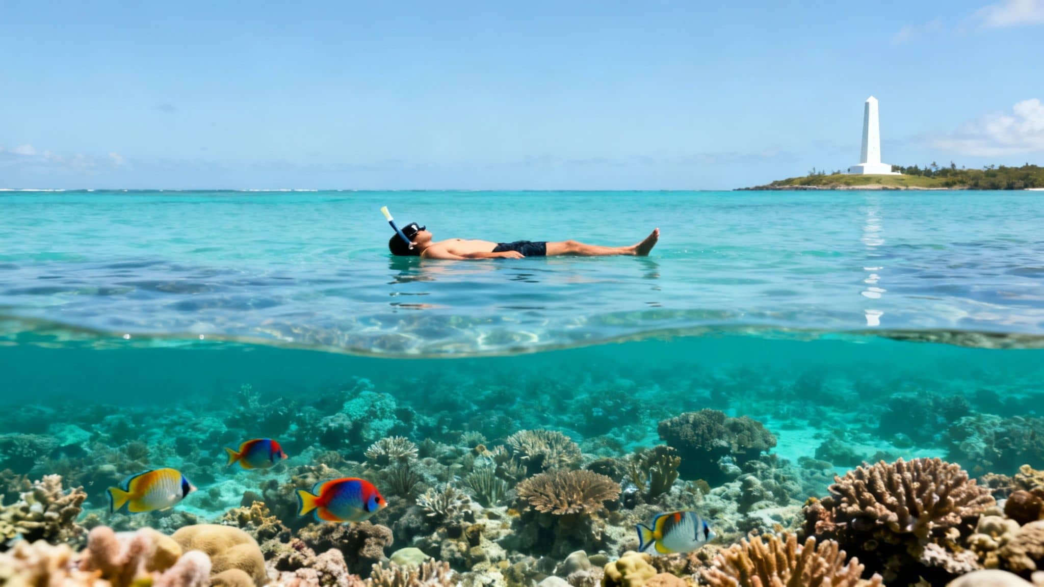 Split view of a person snorkeling above a vibrant coral reef with colorful fish and a distant lighthouse.