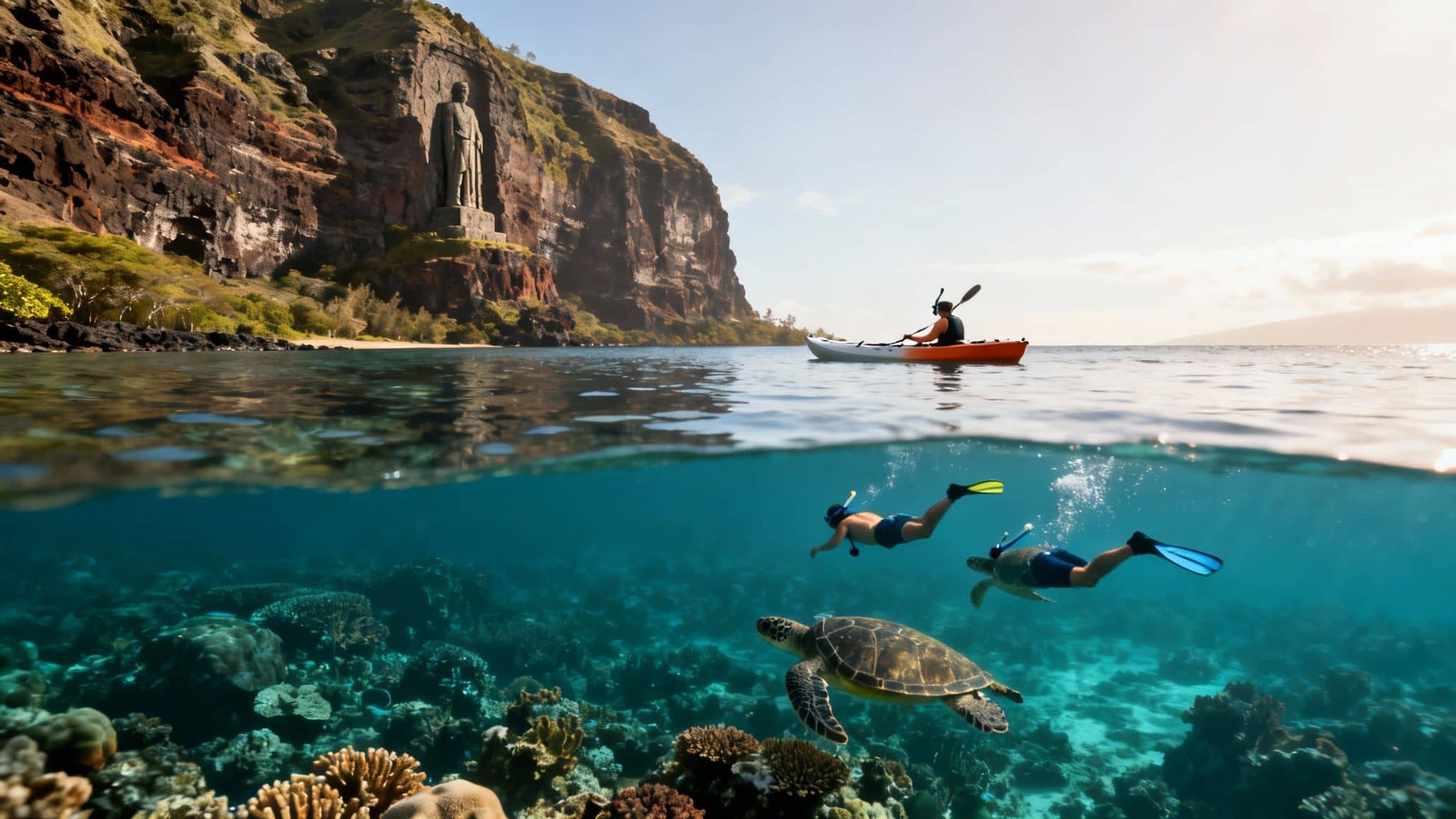 Split image showing snorkelers with sea turtles over a vibrant coral reef and a kayaker above.