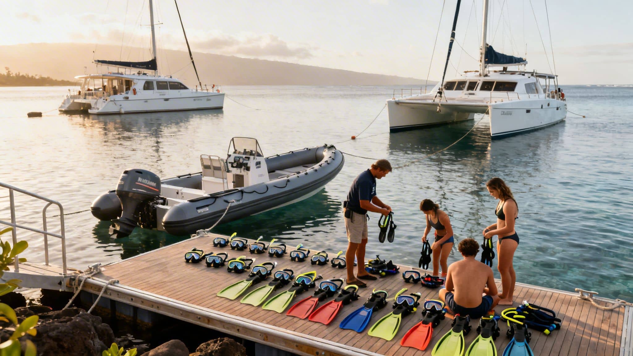 People on a dock preparing snorkeling gear with boats and mountains in a calm bay.