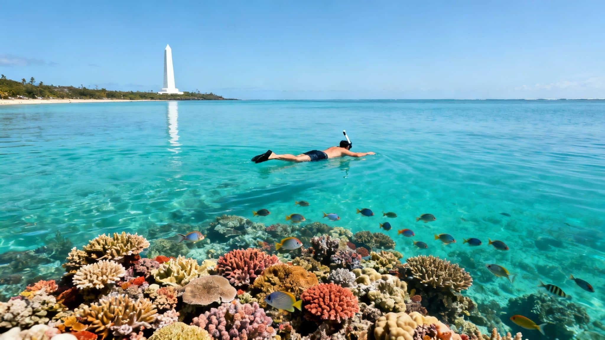 A person snorkeling over a colorful coral reef in clear turquoise water, with a distant white monument.