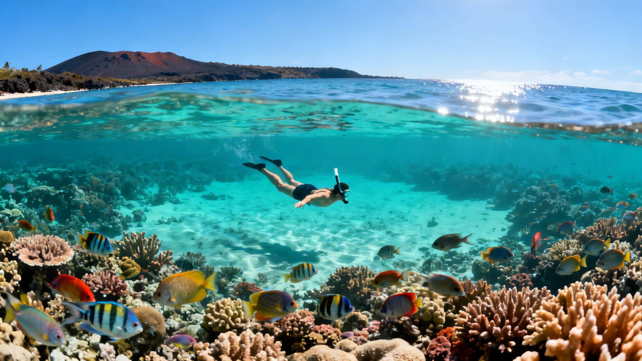 Stunning split-shot of a snorkeler amidst vibrant coral and fish, with a volcanic island above.