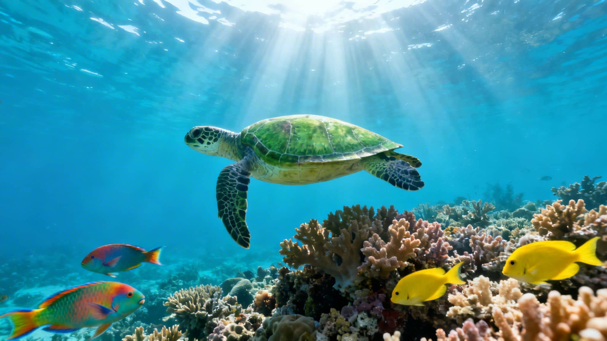 A majestic green sea turtle swims gracefully in sunlit blue water above a vibrant coral reef, surrounded by colorful fish.
