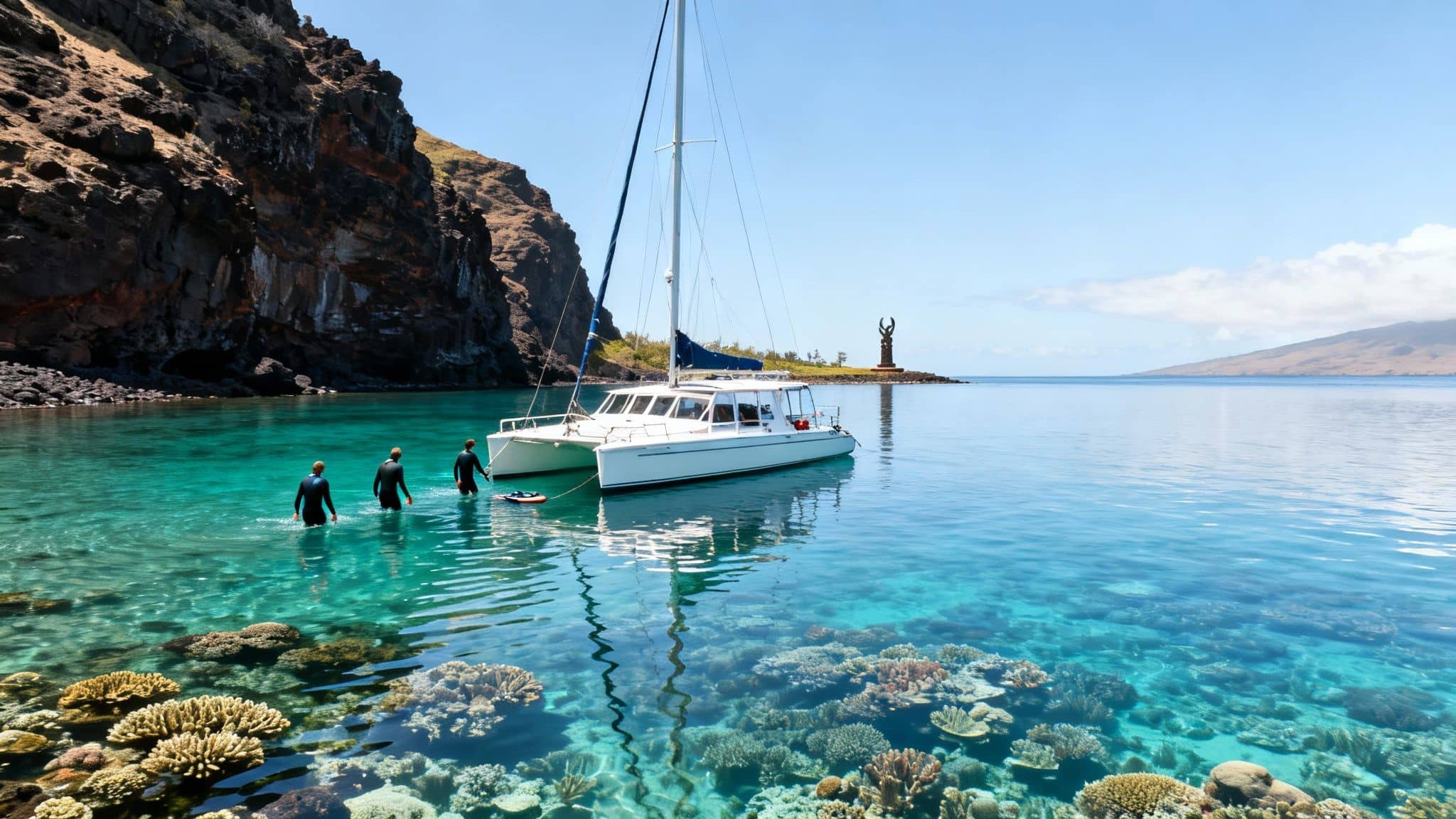 People in wetsuits prepare to snorkel in clear turquoise water near a catamaran and coral reef.