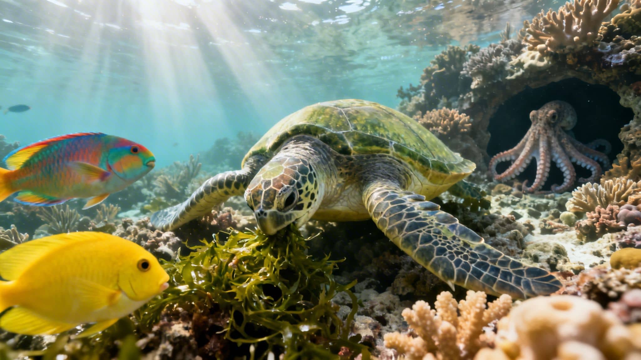 Vibrant underwater scene: sea turtle eats seaweed, colorful fish swim, octopus hides in coral.