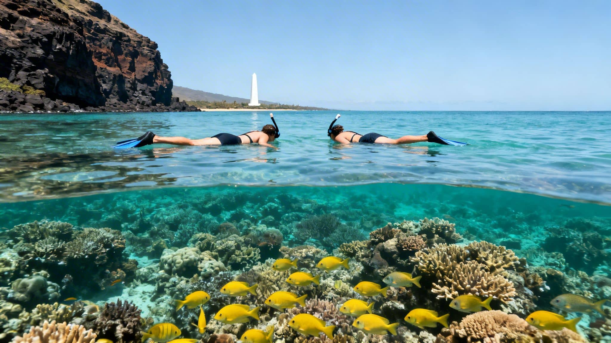Split-level view of two snorkelers over a colorful coral reef with yellow fish, and a distant monument.