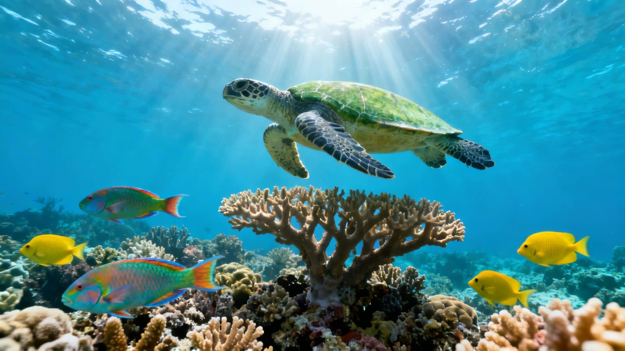 A green sea turtle swims gracefully above a vibrant coral reef with colorful fish and sunlight.