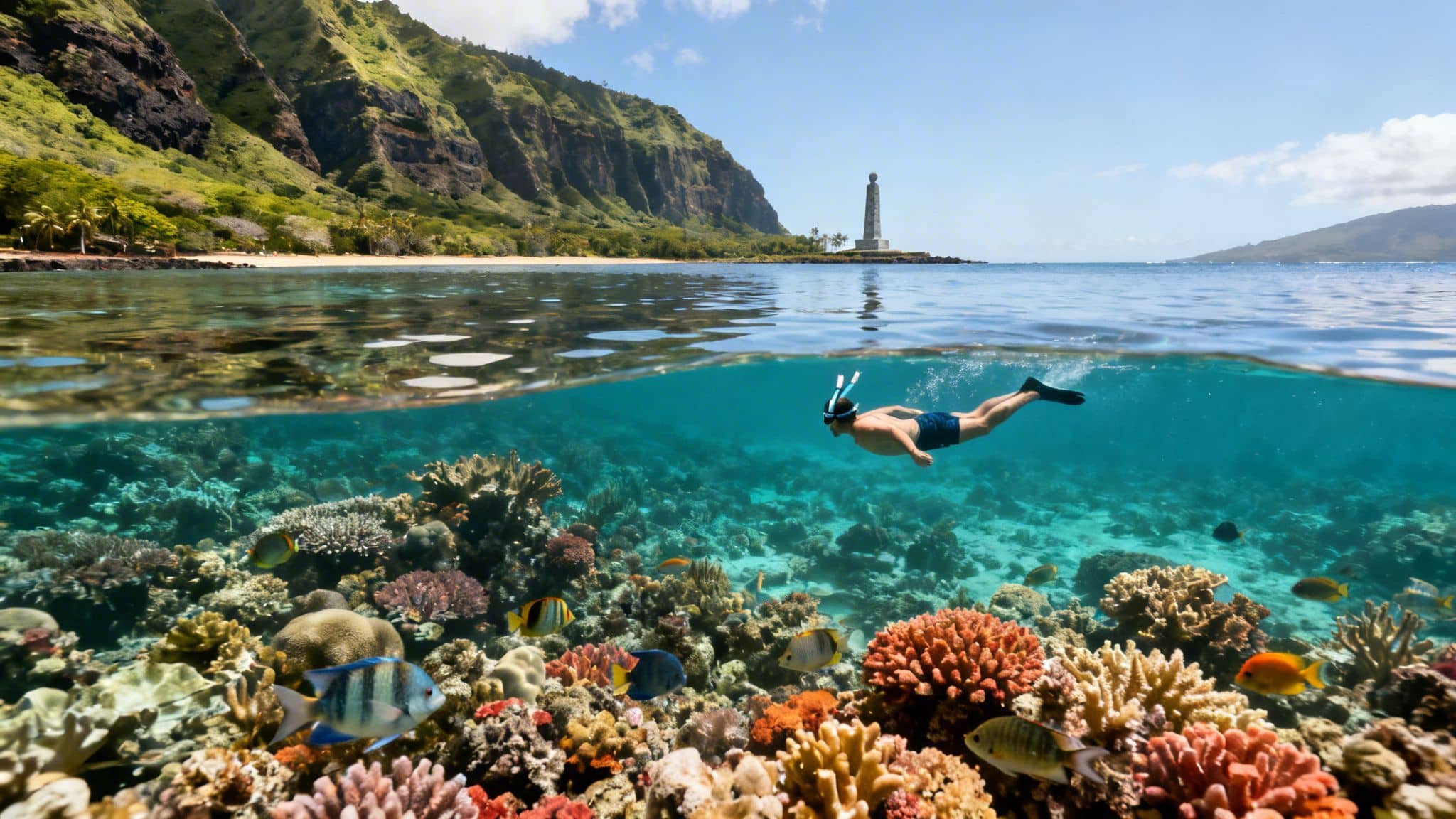 A man snorkeling in clear turquoise water above a vibrant coral reef, with a tropical island and lighthouse visible above water.