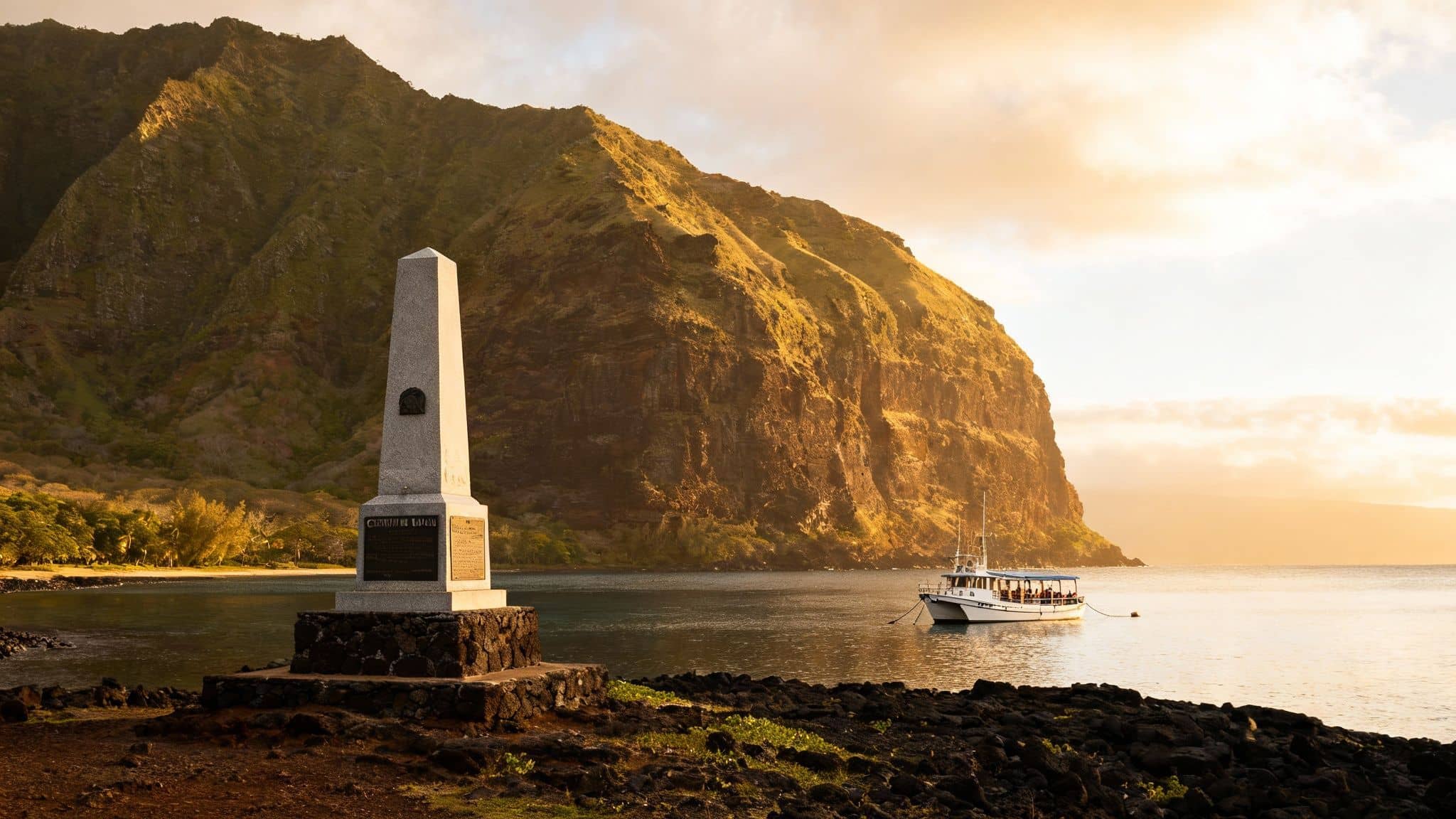 Captain Cook's monument on a rocky shore at Kealakekua Bay, with a tour boat and mountains.
