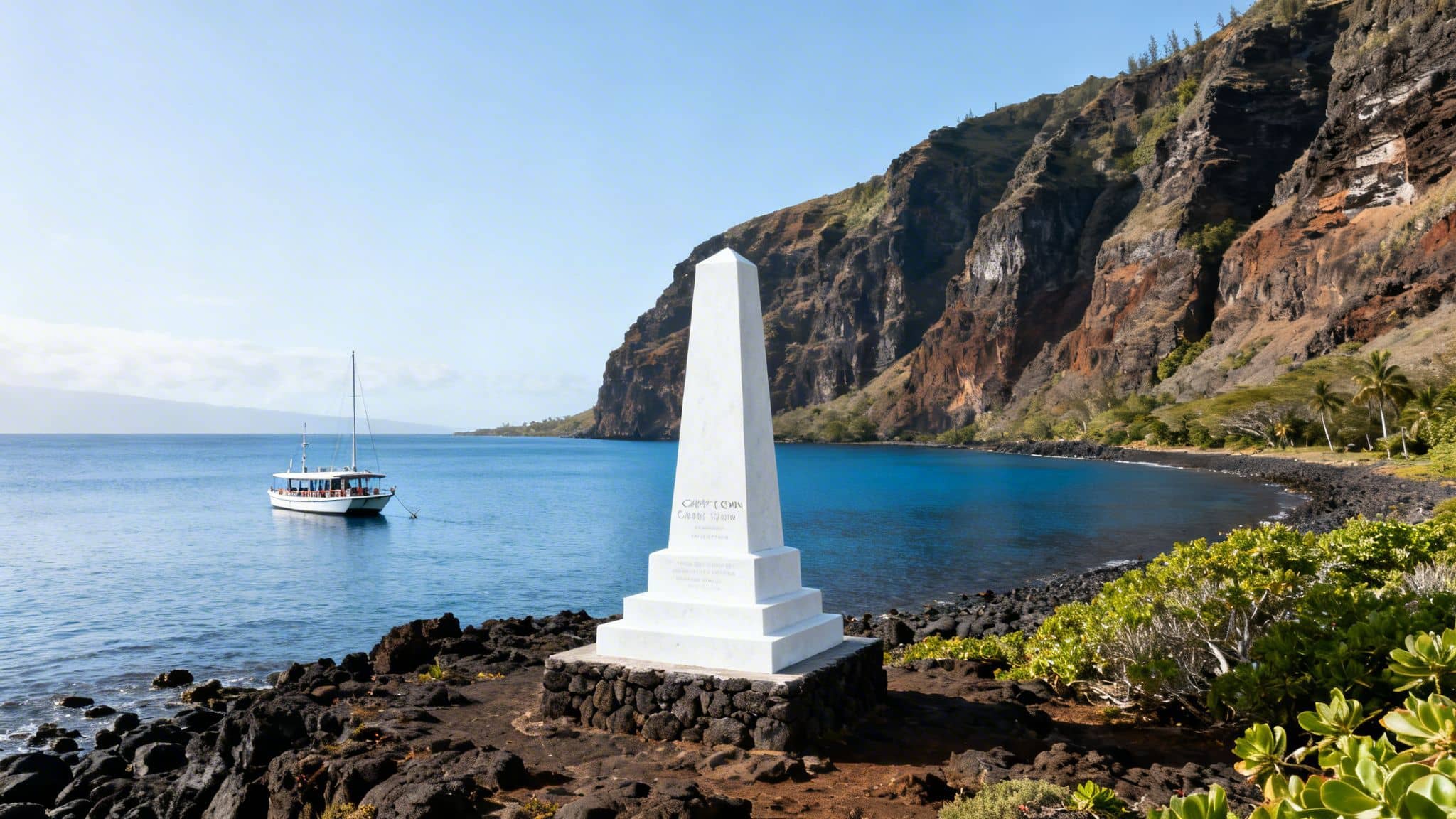White Captain Cook monument on a rocky Hawaiian shore with a boat and towering cliffs.