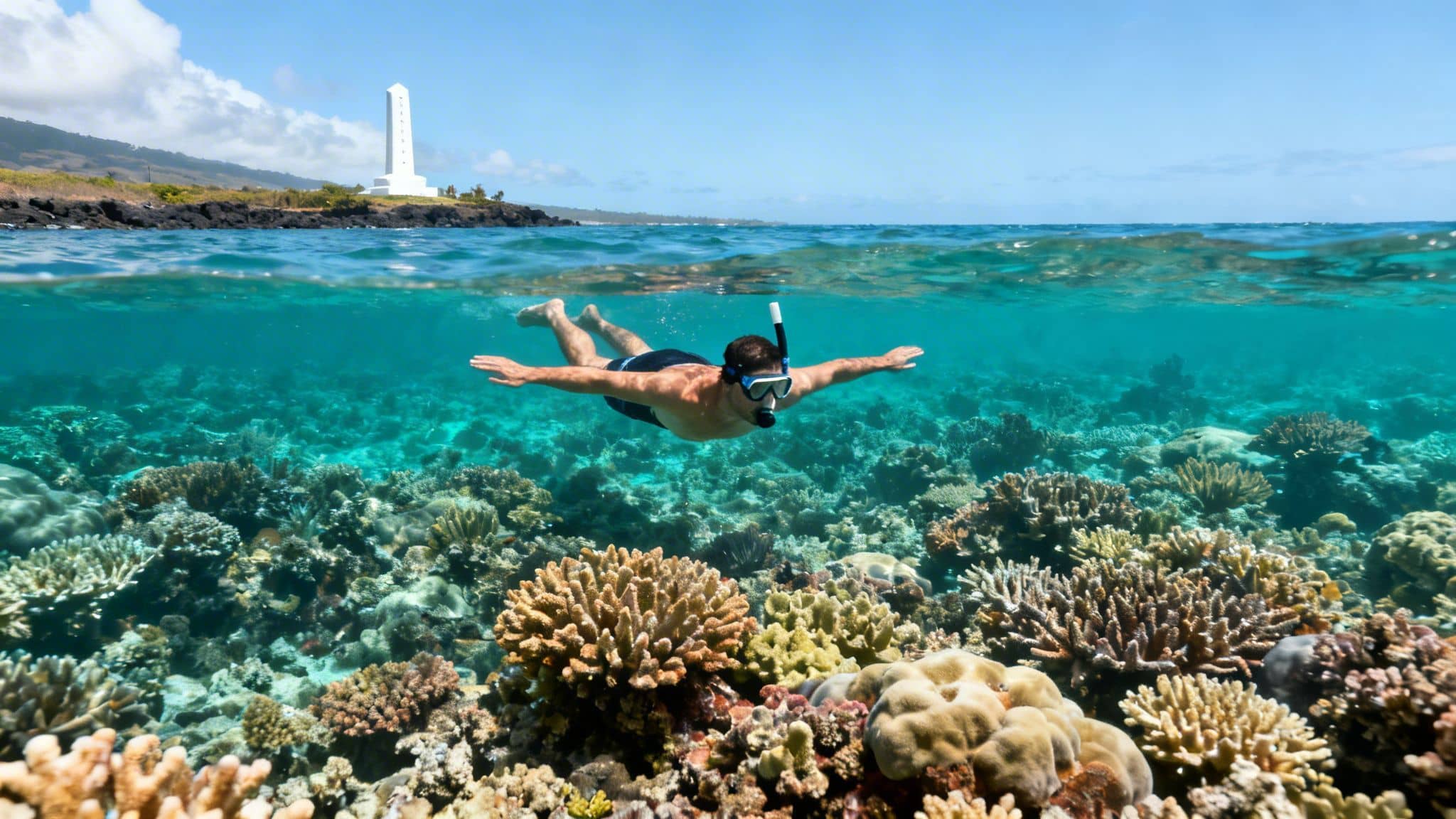Man snorkeling over a vibrant coral reef, with a white lighthouse and coastline visible above water.