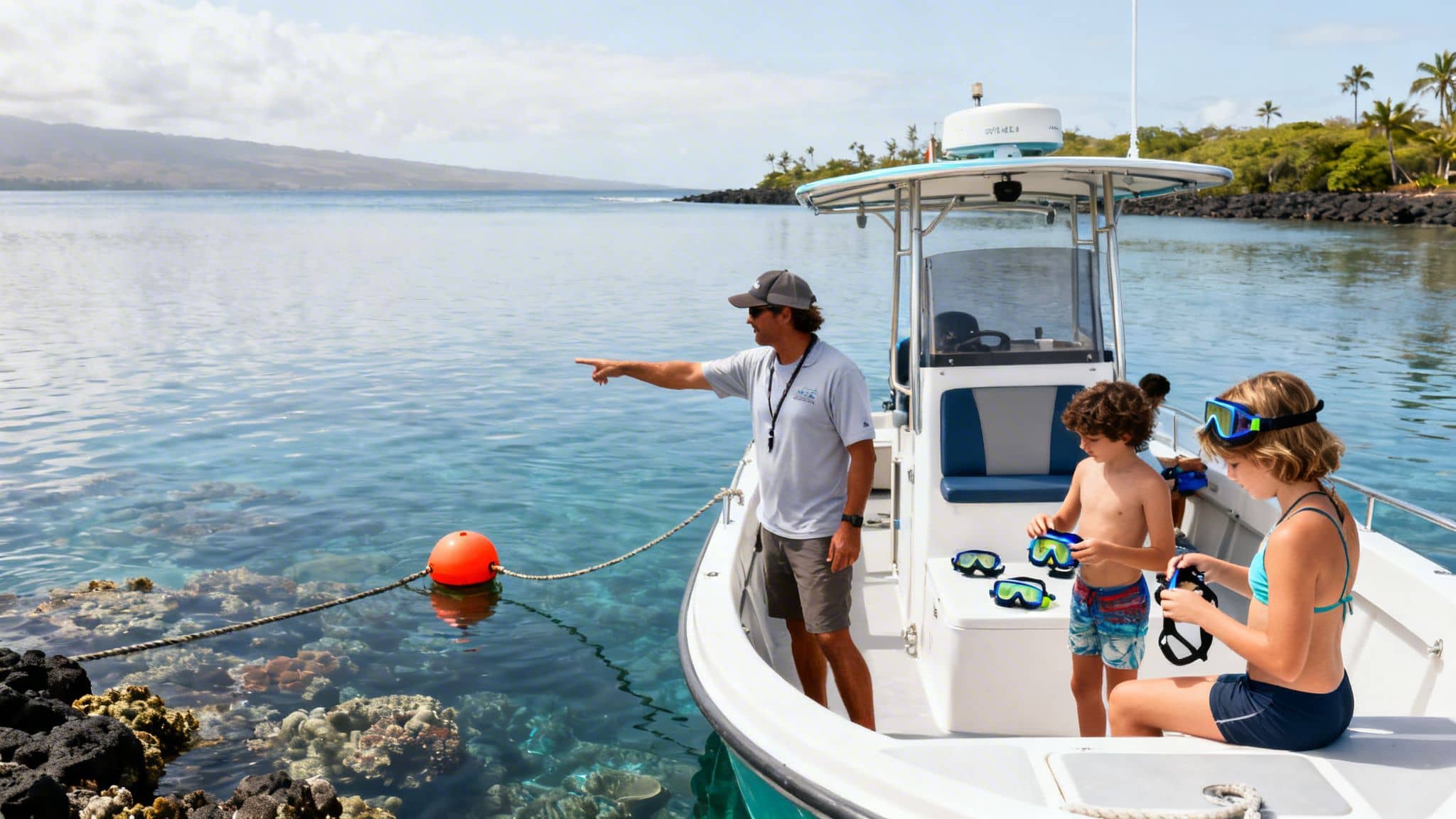 A boat guide points as two children prepare their snorkeling gear on a clear day.