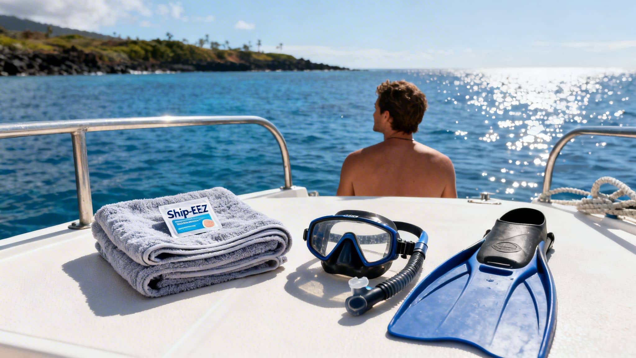 Man on a boat looking at the sea, with a Ship-EEZ patch, snorkel, mask, and fins.