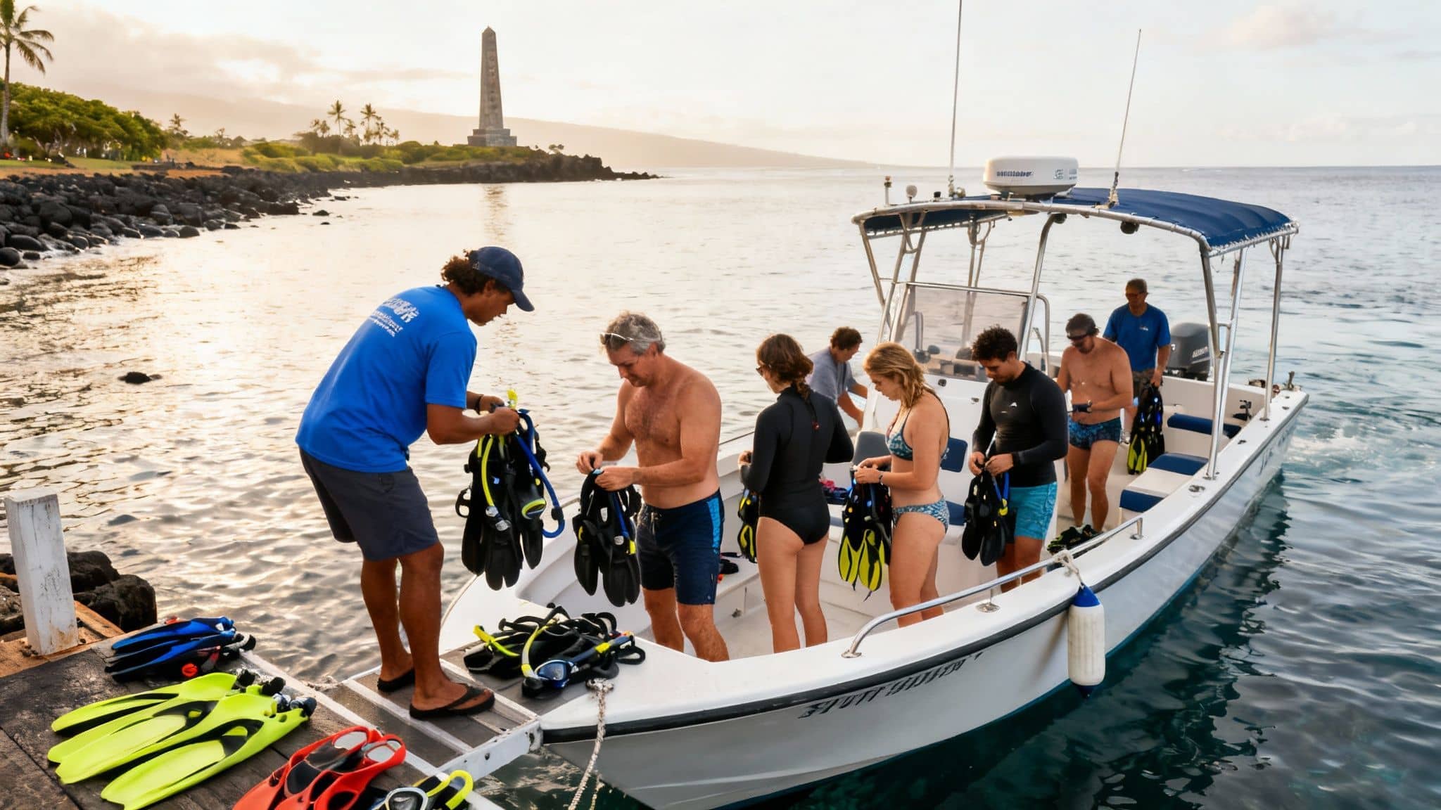 An instructor assists a group of people preparing diving gear on a boat near a scenic coastline.