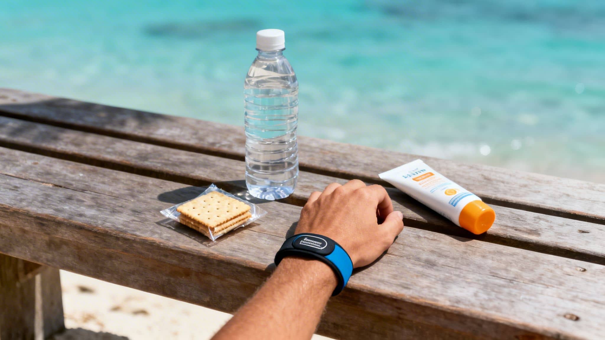 A person's arm with a motion-sickness wristband on a wooden bench with water, crackers, and sunscreen at the beach.