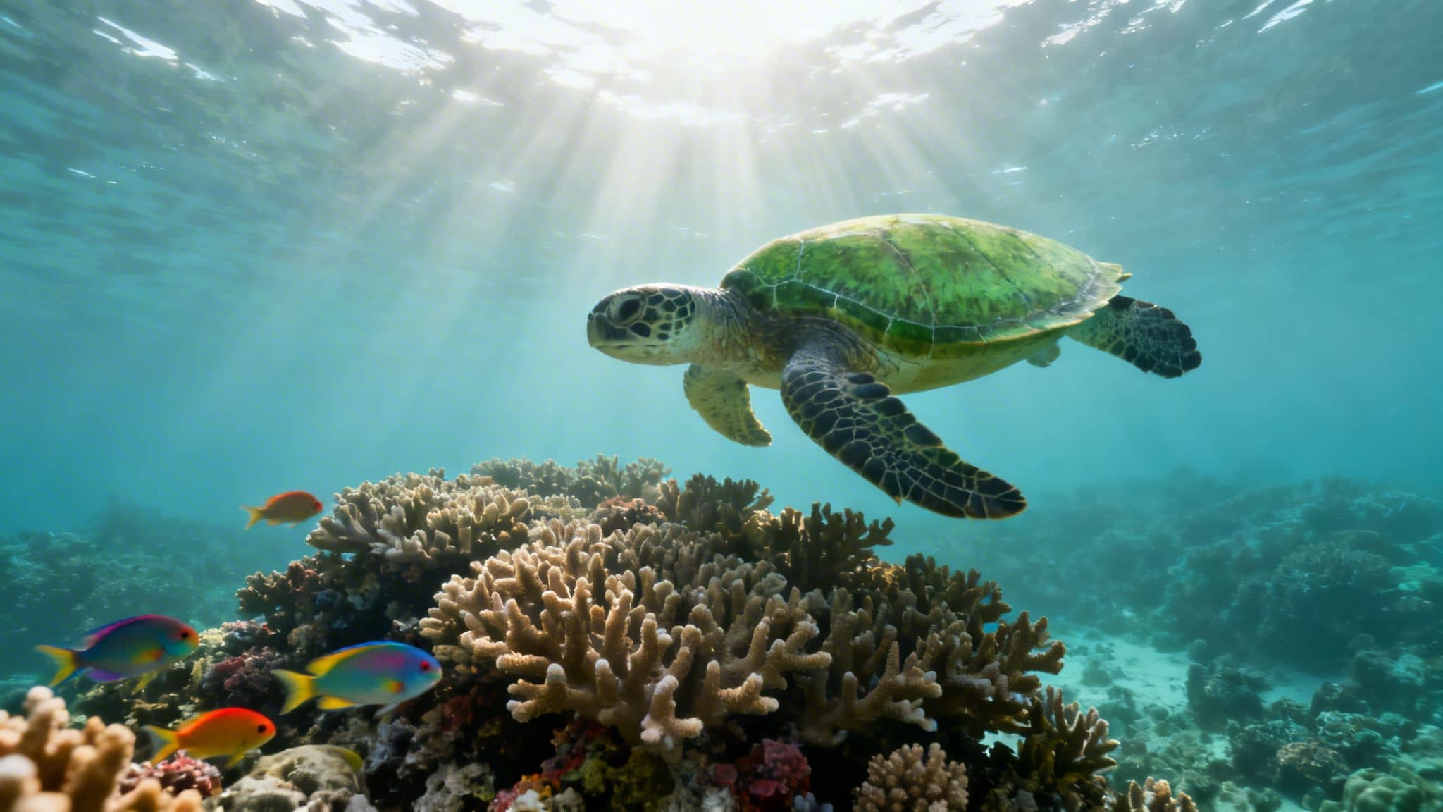 A vibrant underwater scene with a green sea turtle swimming above a colorful coral reef and fish.