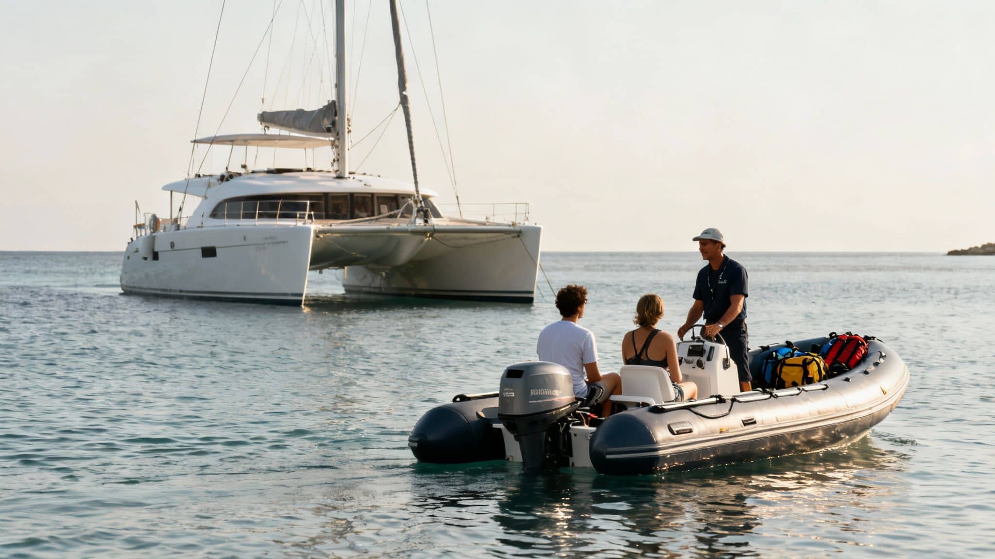 Three people in a small inflatable boat with a large white catamaran in the background.