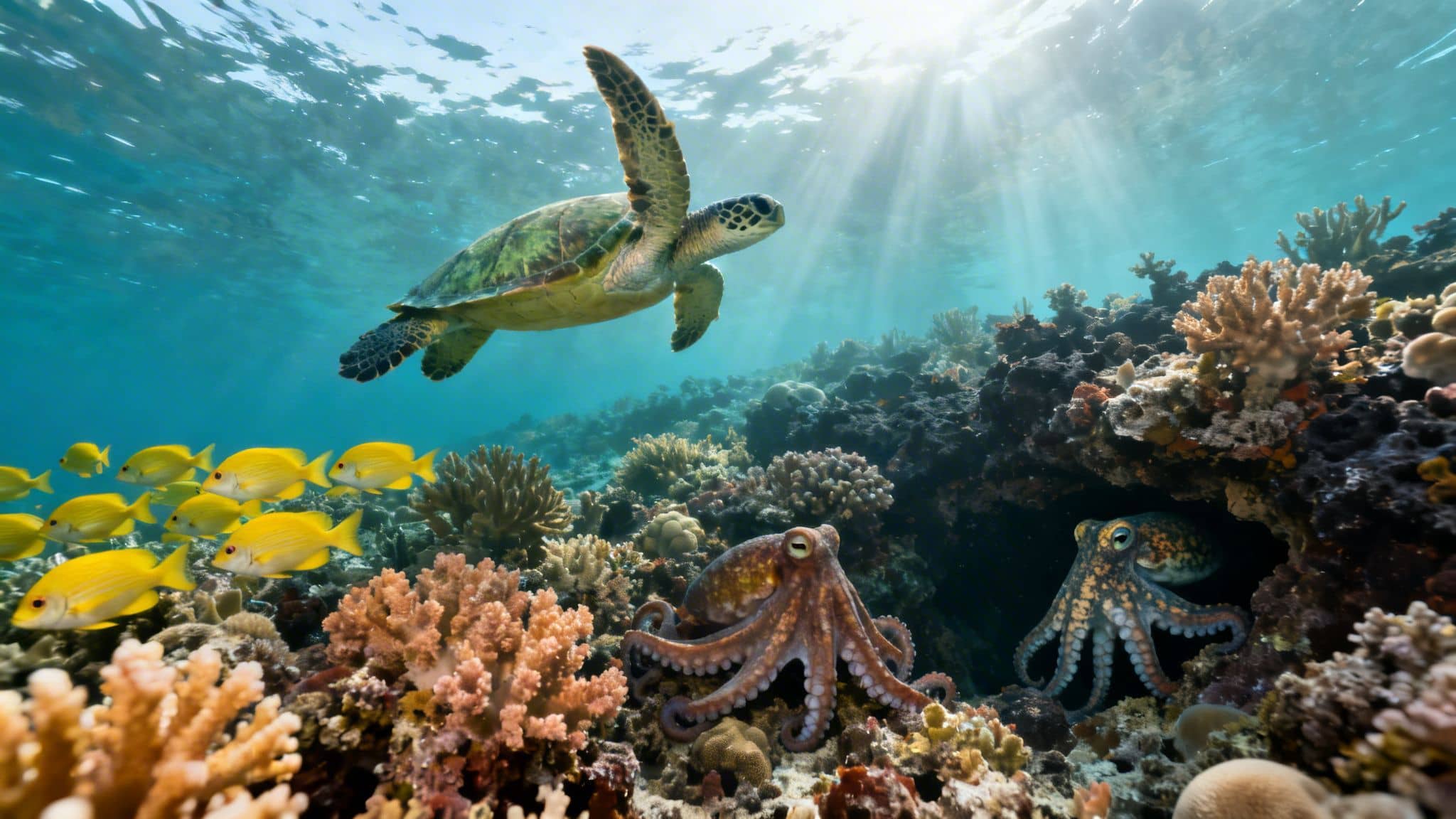 A green sea turtle swims above a vibrant coral reef with yellow fish and two octopuses.