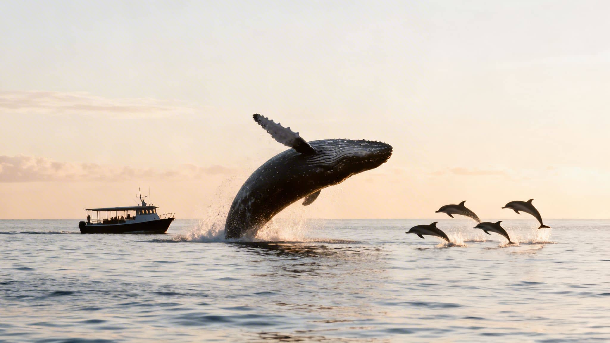 A breathtaking scene of a humpback whale breaching with dolphins jumping and a tour boat.