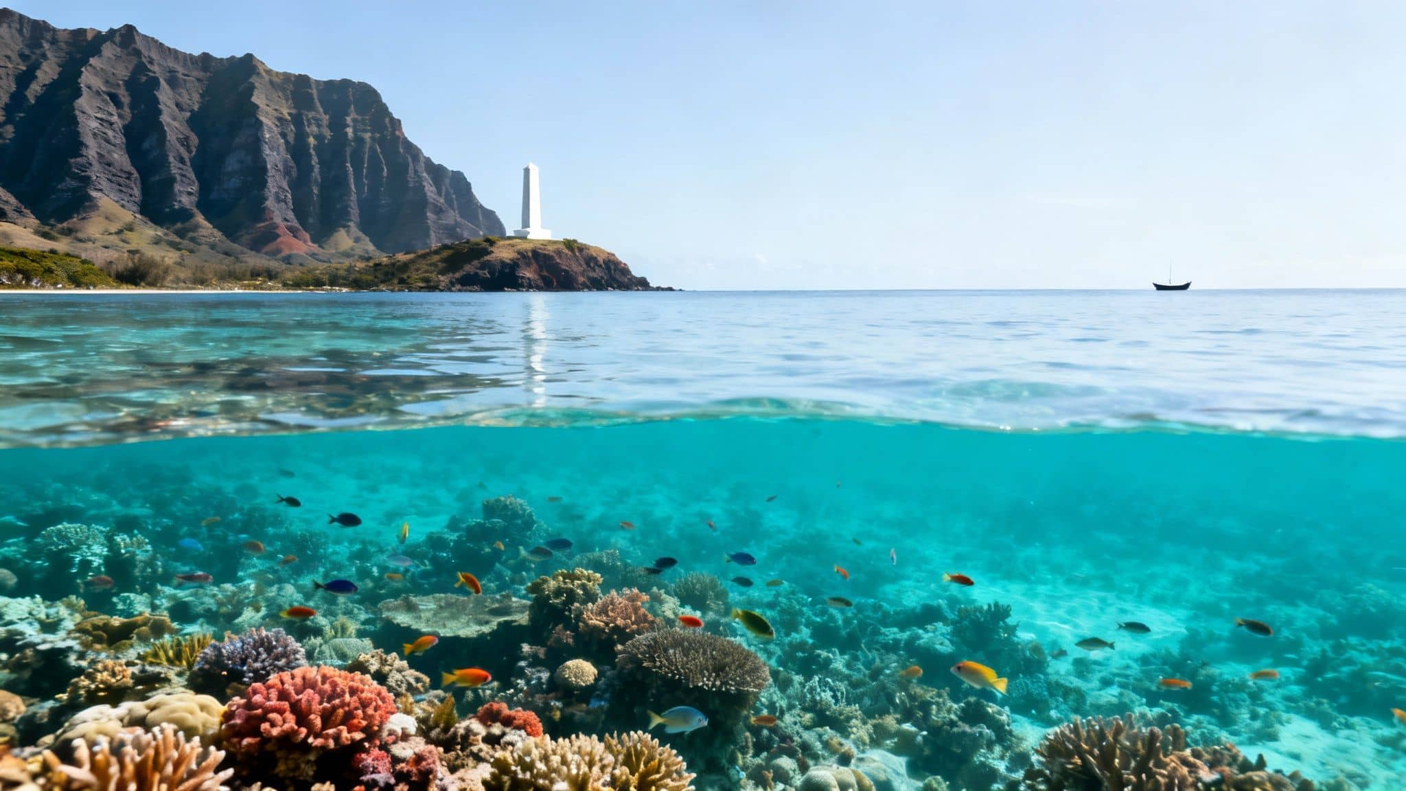 A stunning split view of a tropical ocean with a vibrant coral reef below and an island with a lighthouse and mountains above.