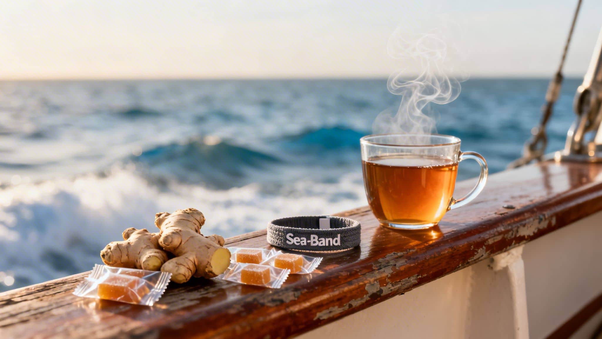 Sea-Band wristband, fresh ginger, ginger candies, and steaming hot tea on a boat railing.