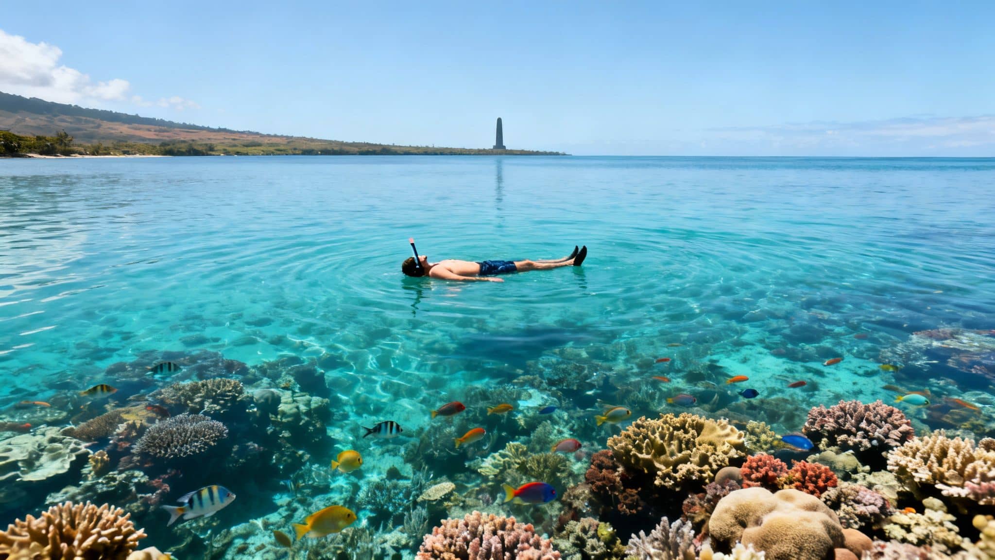 A person snorkeling above vibrant coral reefs and tropical fish in clear blue water, with a distant monument.