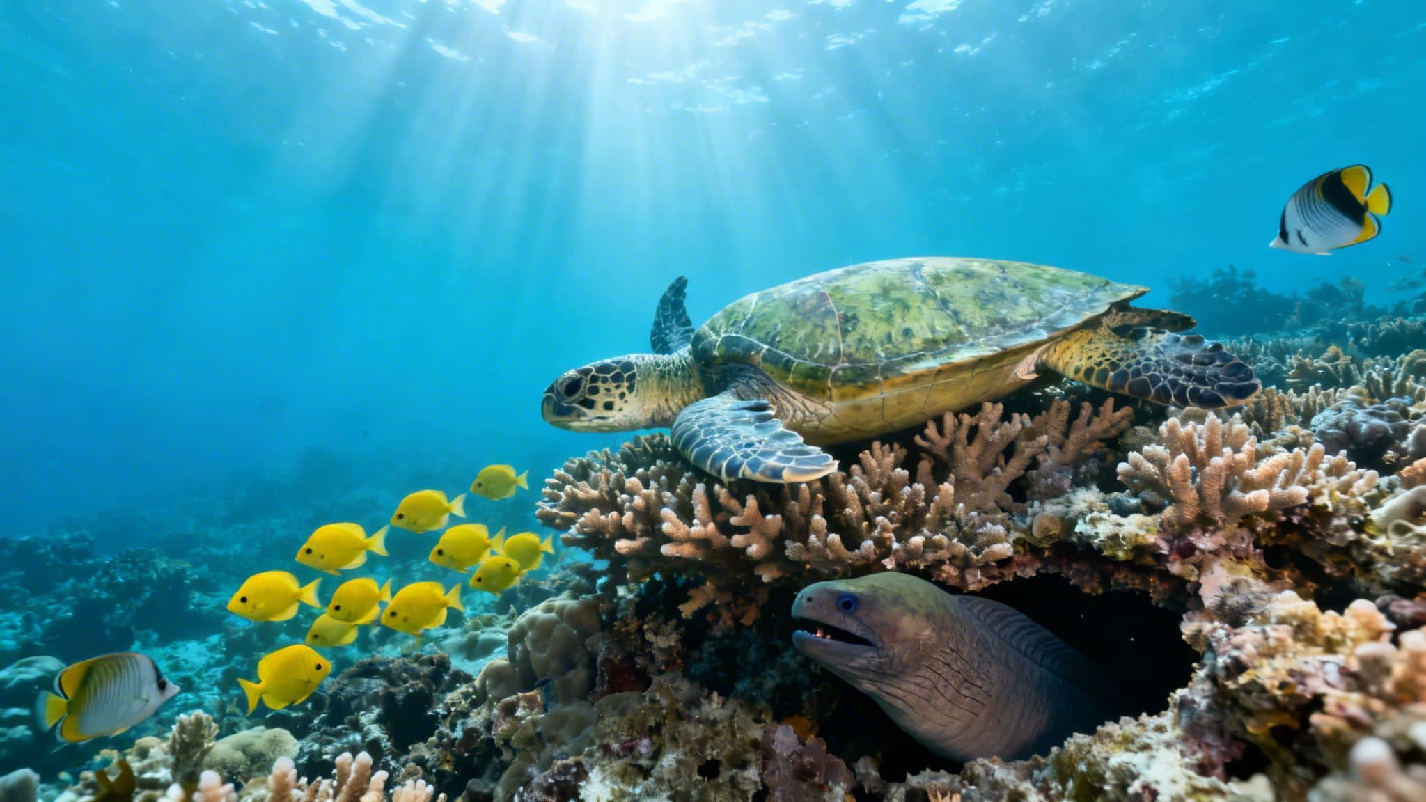 Underwater coral reef scene with a green sea turtle, school of yellow fish, and a moray eel.