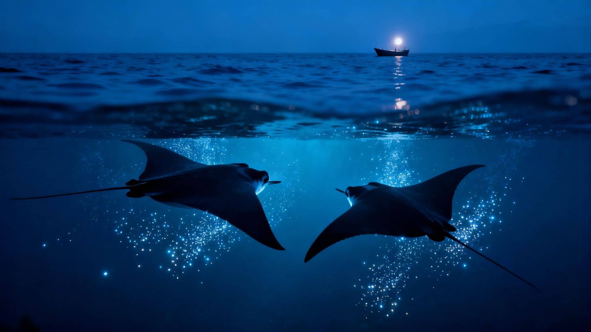Two majestic manta rays swim gracefully in bioluminescent waters under a distant boat at night.