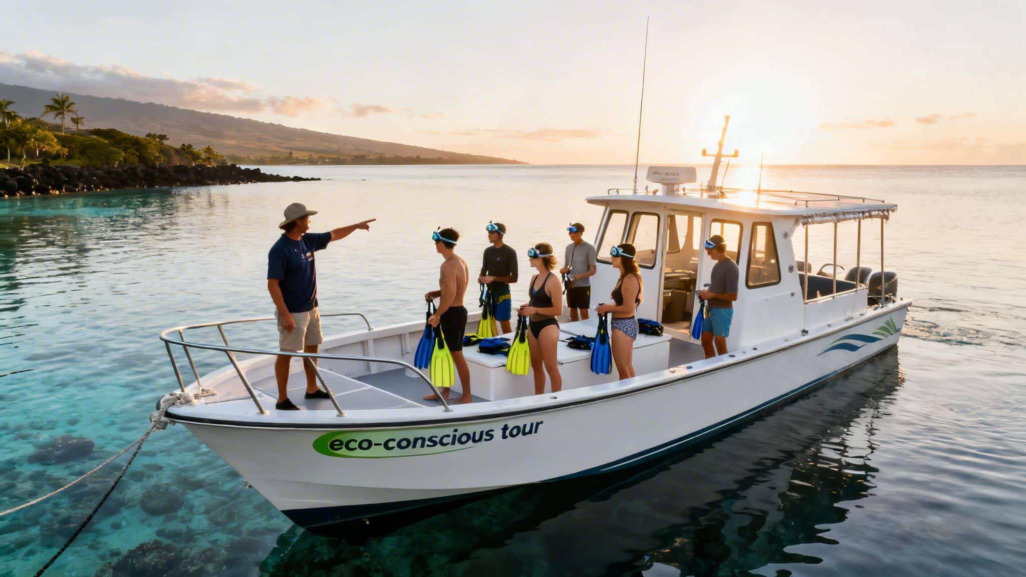 Snorkelers with masks and fins on an eco-conscious boat in clear tropical waters at sunset.