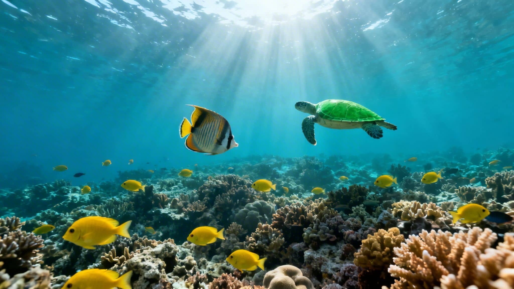 Vibrant underwater scene: a green sea turtle, butterflyfish, and yellow fish over a coral reef.