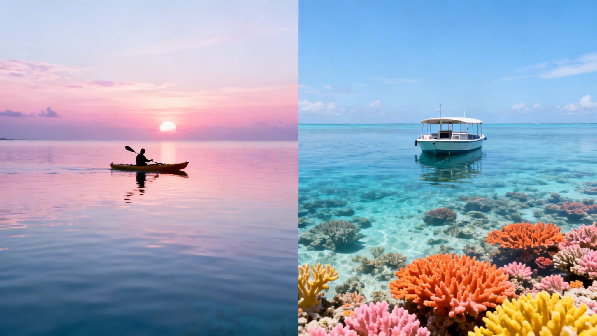 A split image showing a kayaker at sunset and a boat over vibrant colorful coral reefs.