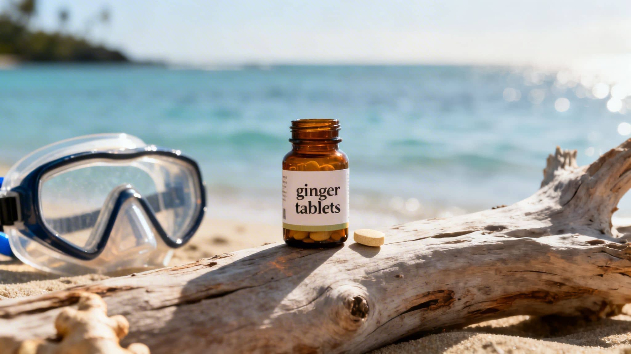 A bottle of ginger tablets sits on driftwood on a sandy beach, with a snorkel mask and the ocean.