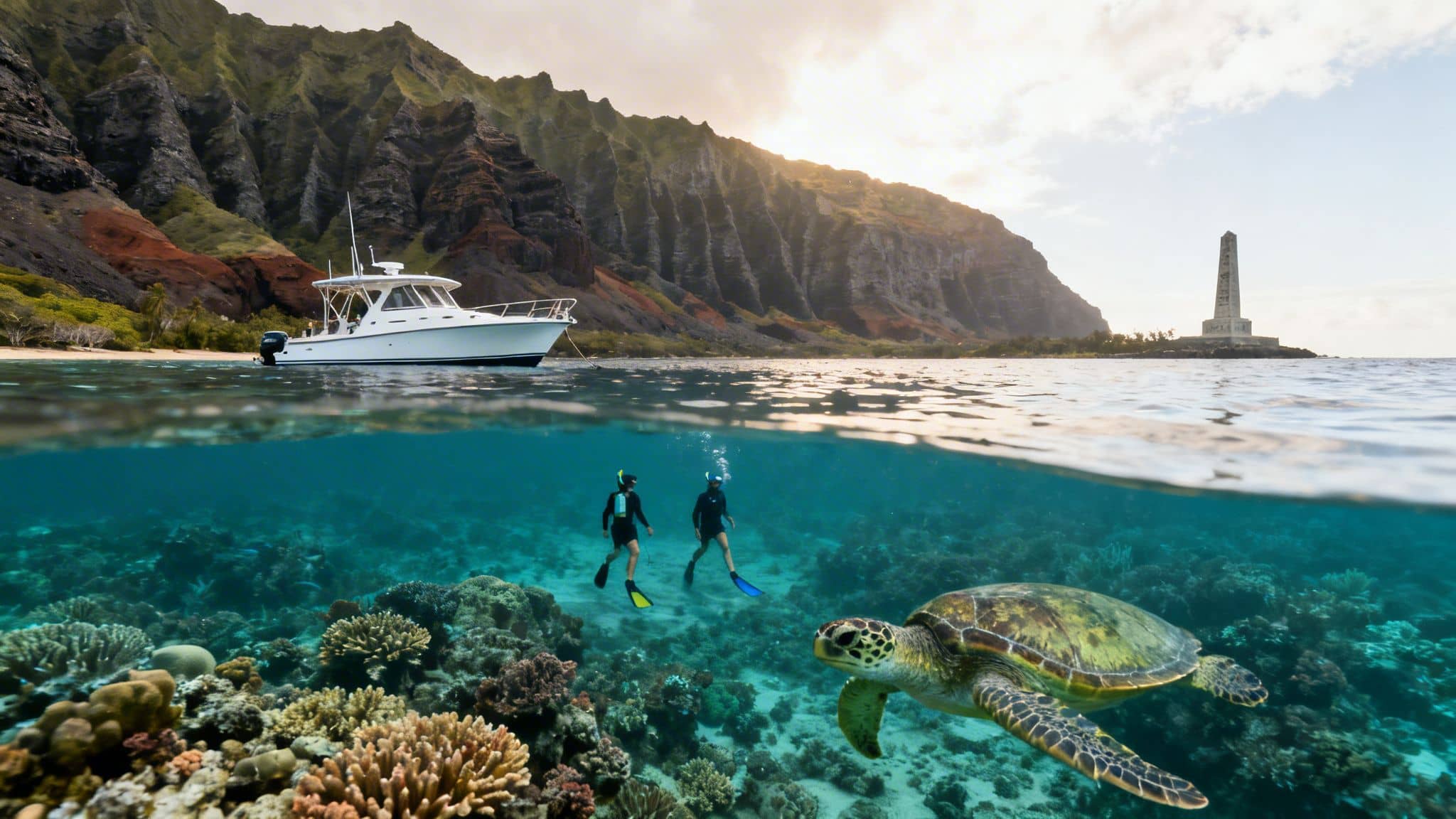 Vibrant split image of two snorkelers and a sea turtle in a coral reef, with a boat and scenic coastline above.
