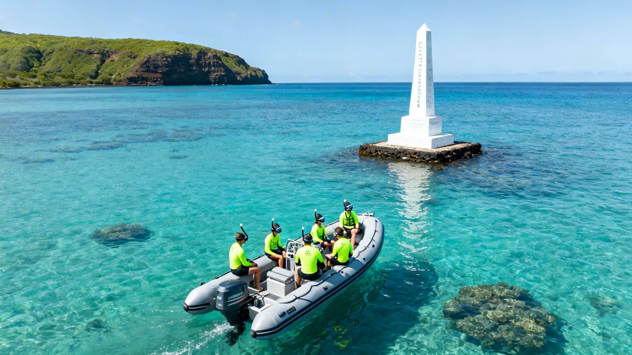 People in snorkeling gear on a boat in clear turquoise water near a white monument and green island.