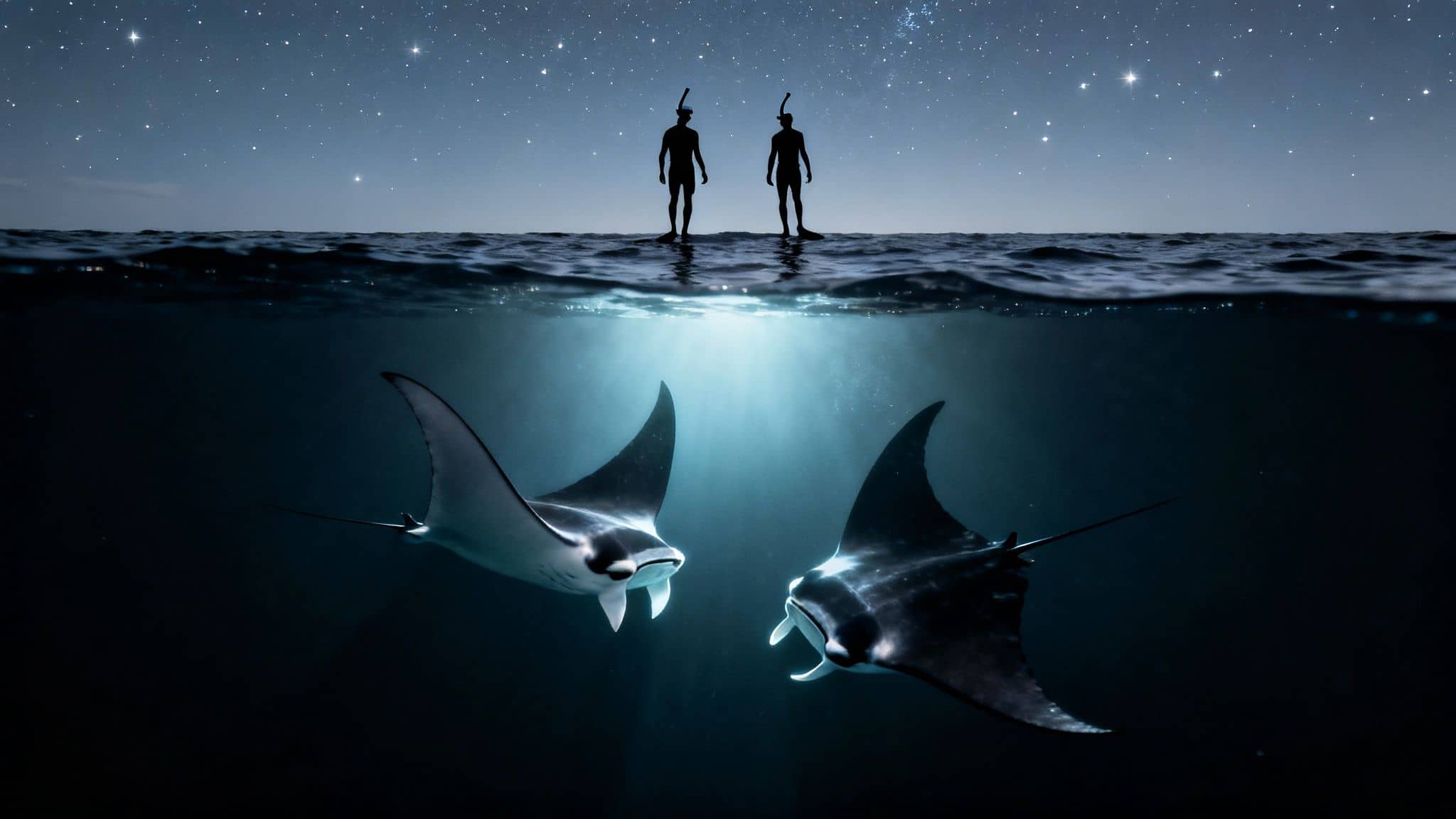 Two snorkelers stand in the ocean under a starry night sky, while two majestic manta rays swim gracefully below.