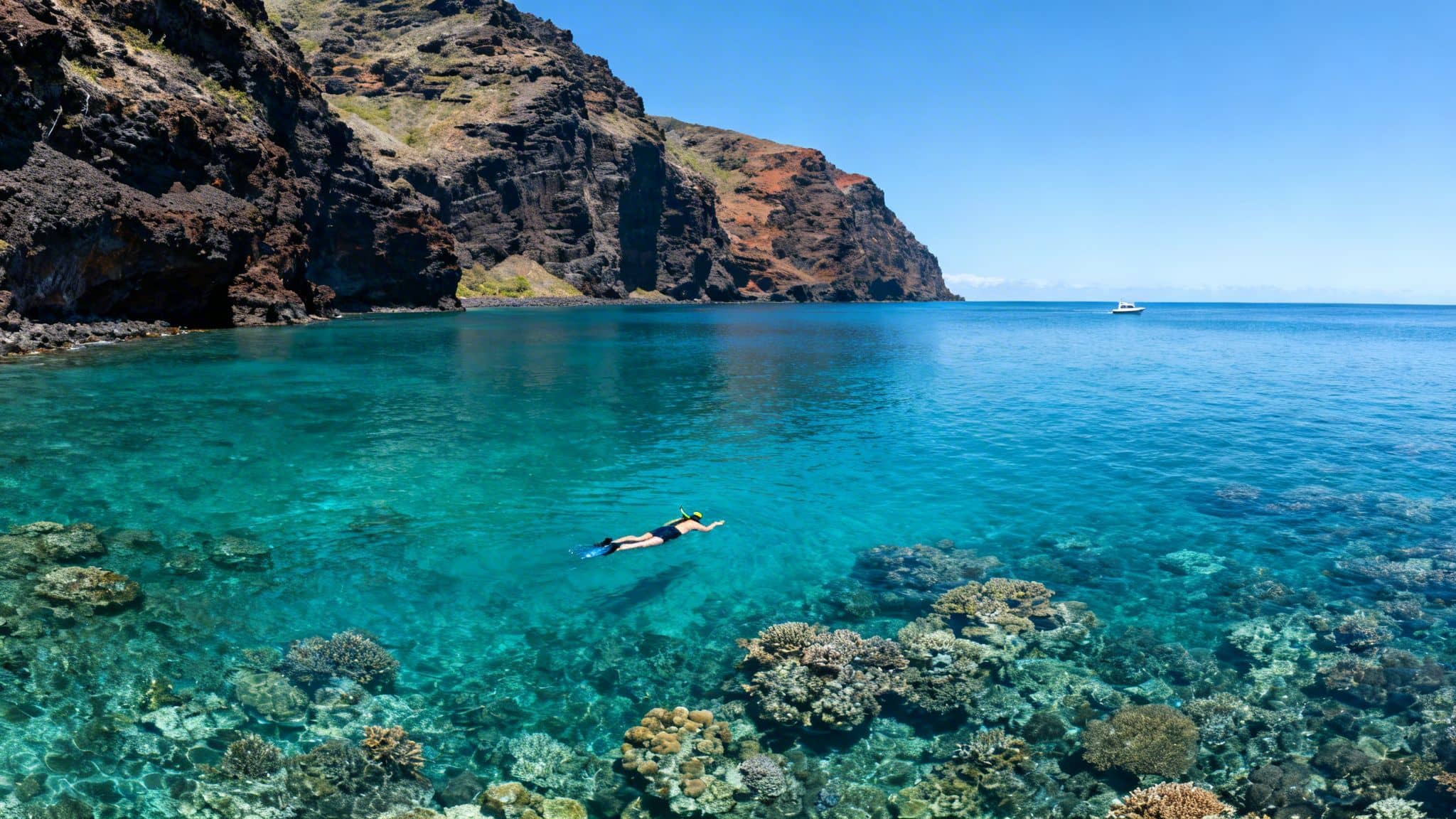 Person snorkeling above colorful coral reefs in a clear turquoise bay by rocky cliffs.