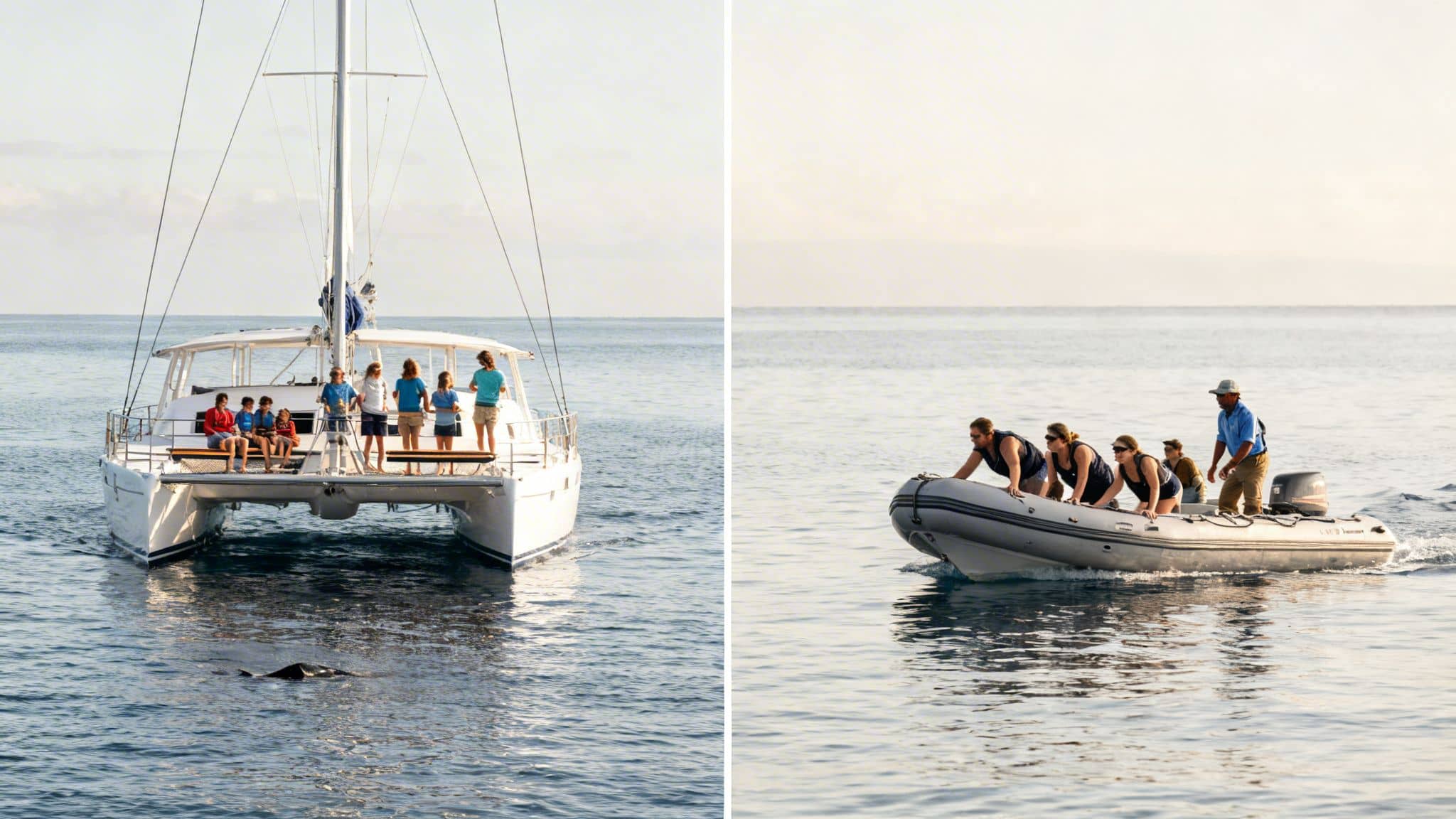 A split image showing a catamaran with people watching a manta ray, and an inflatable boat with passengers.