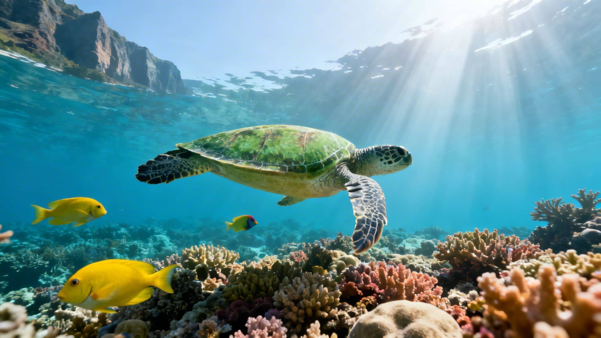 A green sea turtle swims gracefully over a vibrant coral reef with sun rays and yellow fish.