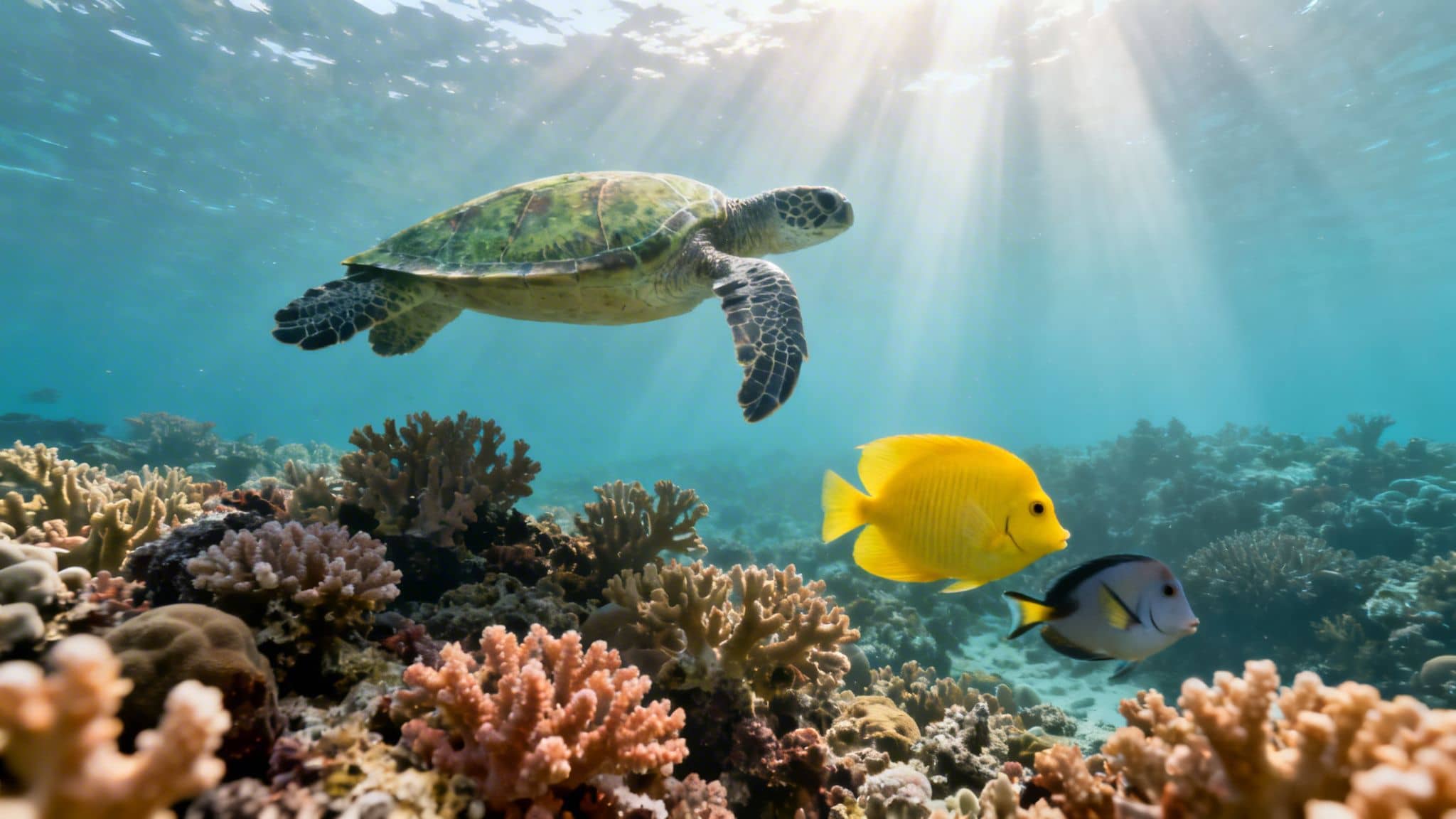 A majestic green sea turtle swims over a vibrant coral reef with tropical fish.