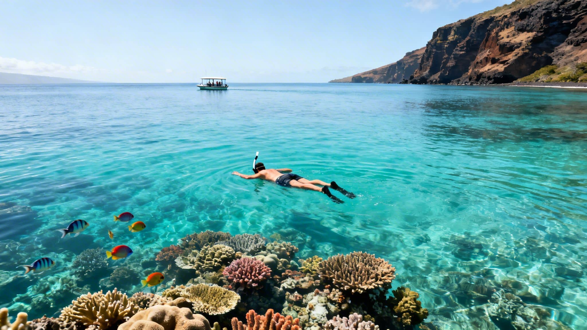 A person snorkeling above vibrant coral reefs and colorful fish in clear blue tropical water.