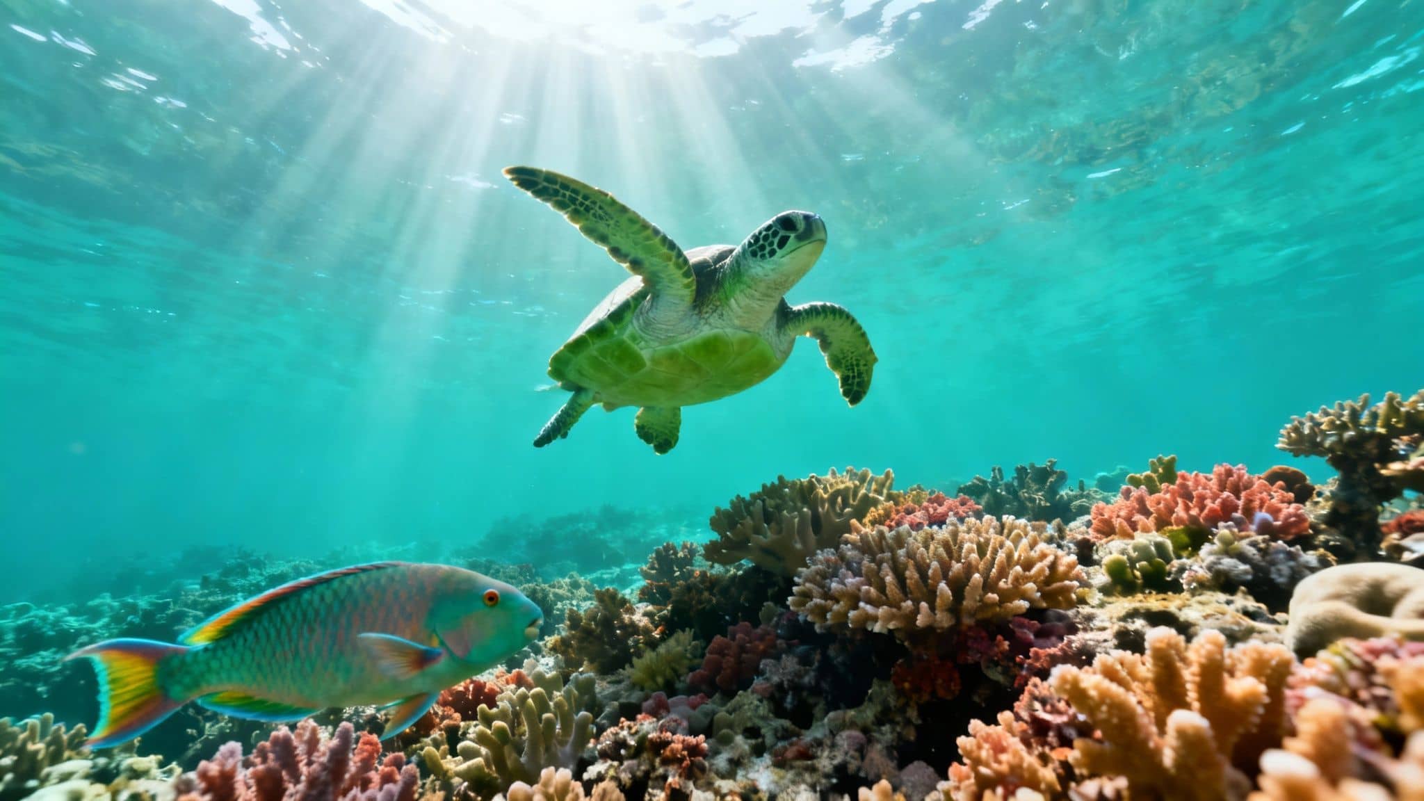 A green sea turtle swims above a colorful coral reef with a parrotfish under sunlit ocean water.