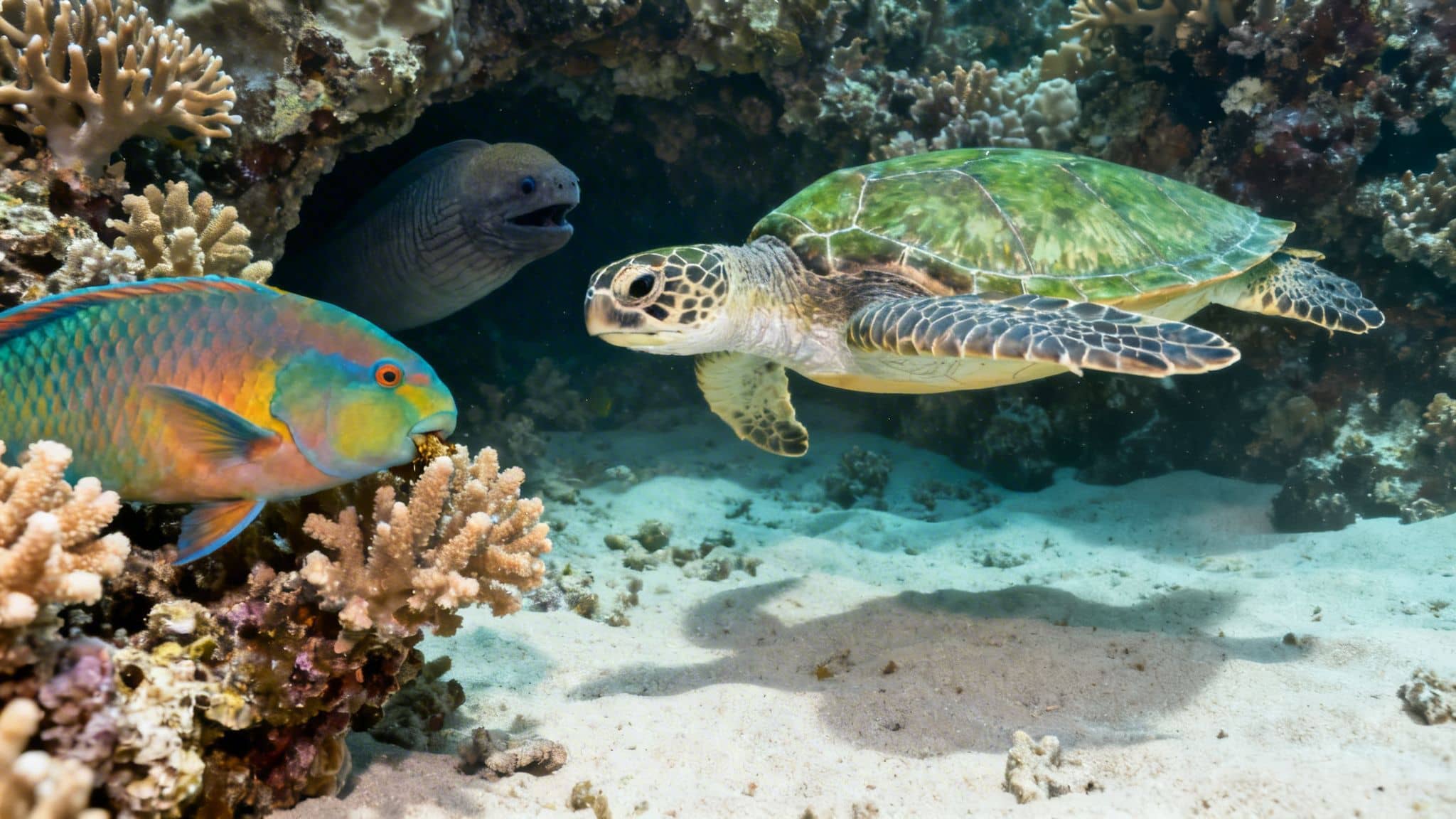 Underwater scene with a vibrant parrotfish, a green sea turtle, and a moray eel in a coral reef.