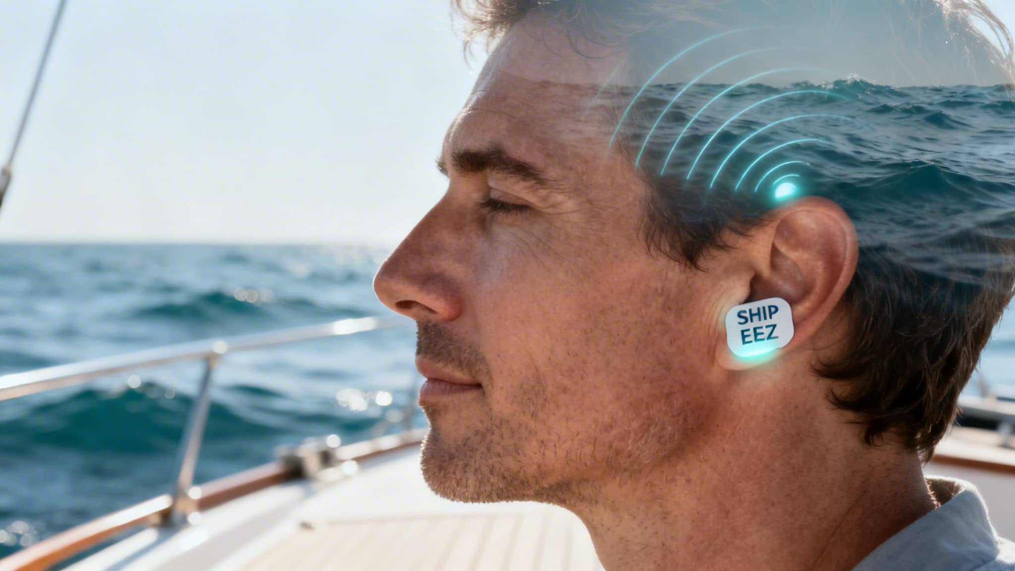 A man on a boat with a glowing 'SHIP EEZ' earbud, emitting blue waves, suggesting comfort at sea.