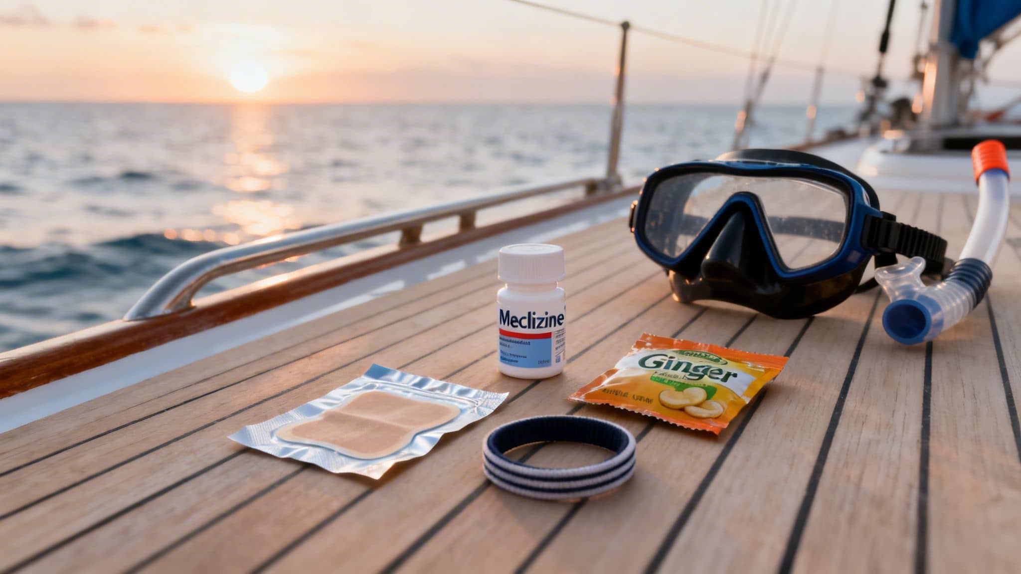 Motion sickness remedies including Meclizine, ginger candy, and a wristband, with snorkeling gear on a boat deck at sunset.