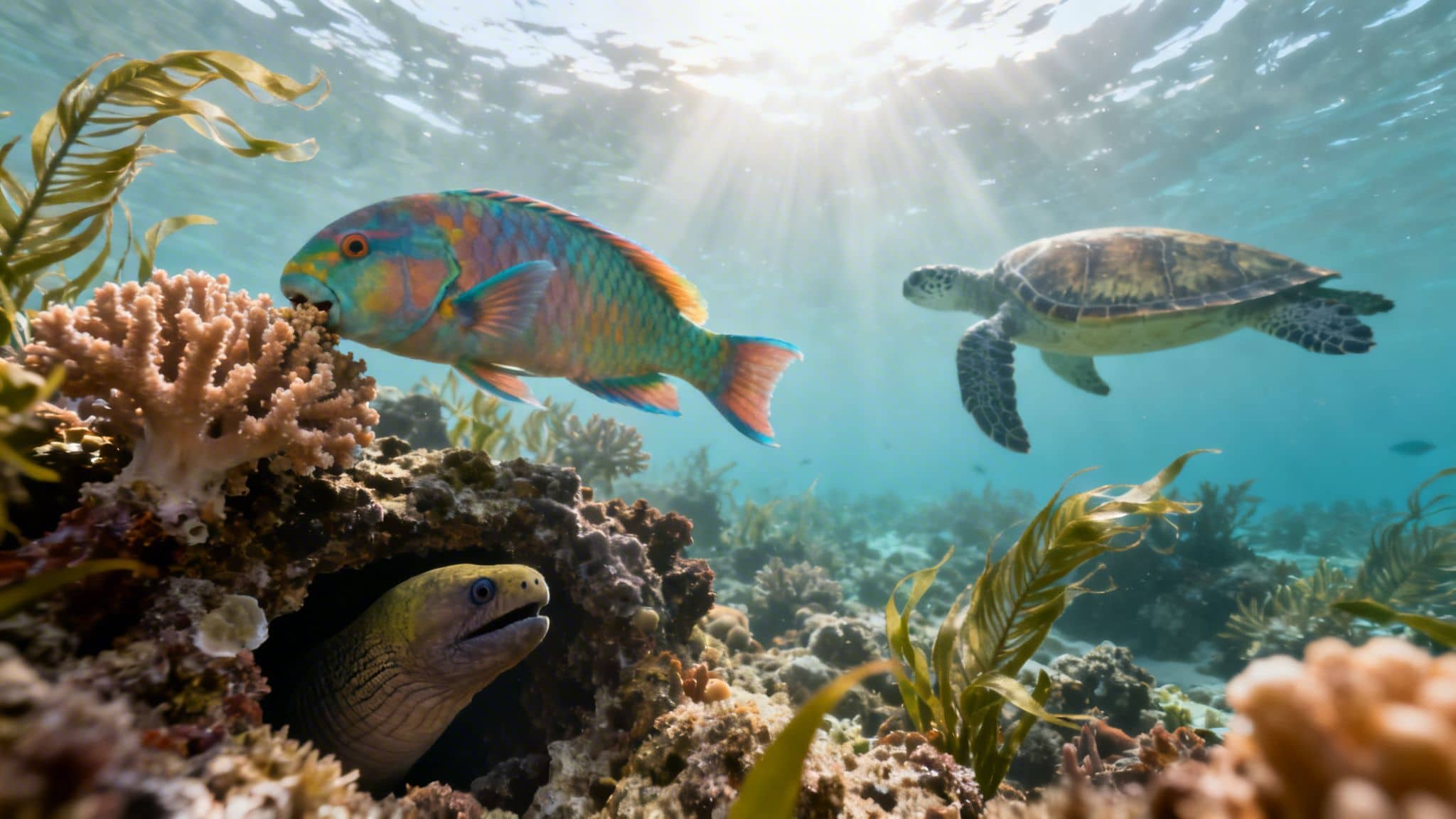 A vibrant underwater scene with a parrotfish eating coral, an eel in a cave, and a sea turtle swimming.