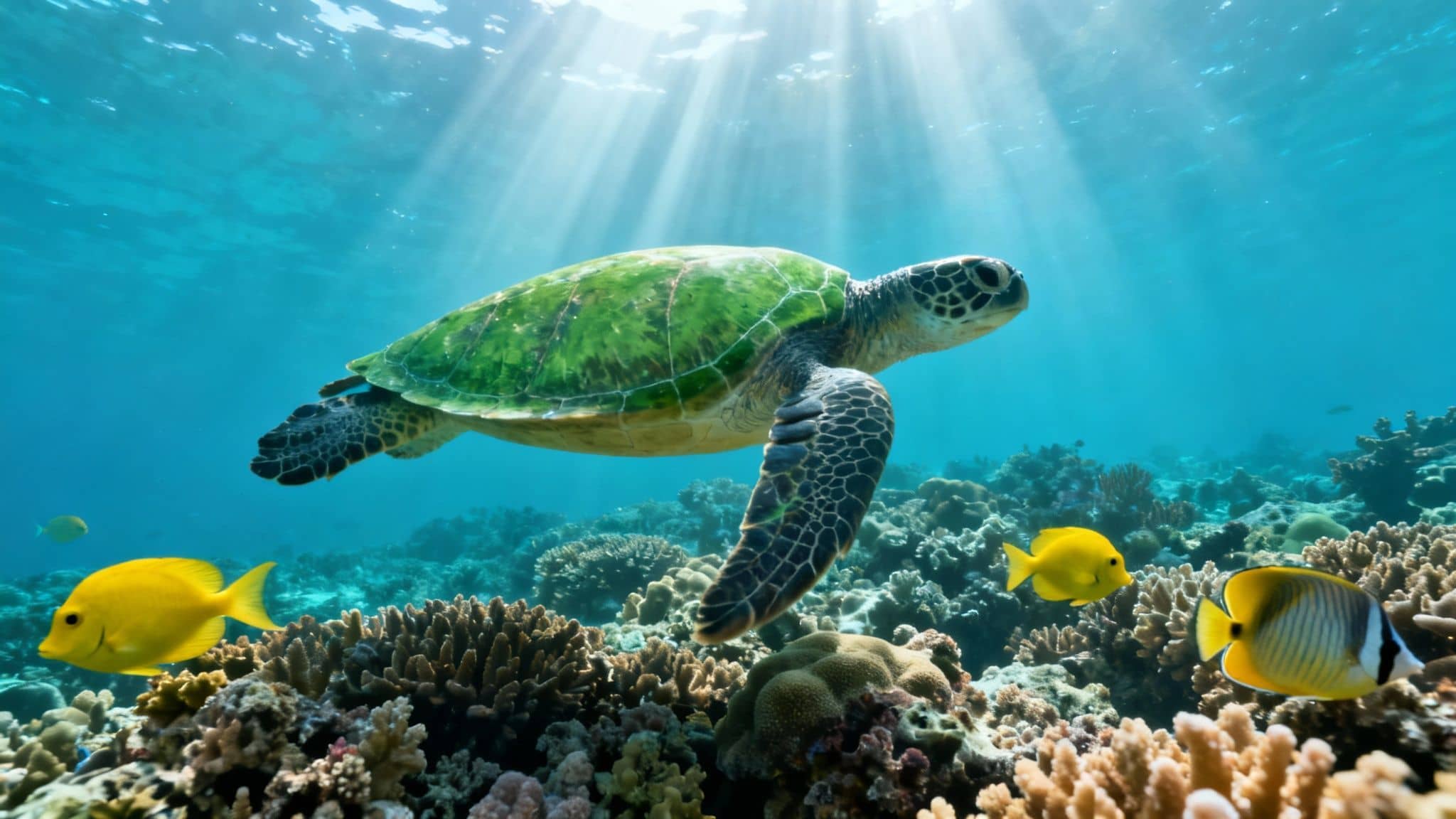 A beautiful green sea turtle swims underwater in a sunny coral reef with tropical fish.