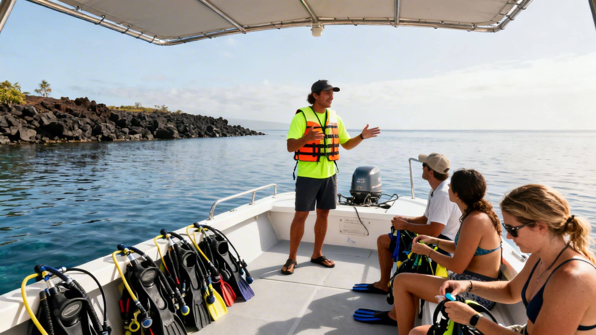 A tour guide briefs tourists on a boat with snorkeling gear near a rocky coast.