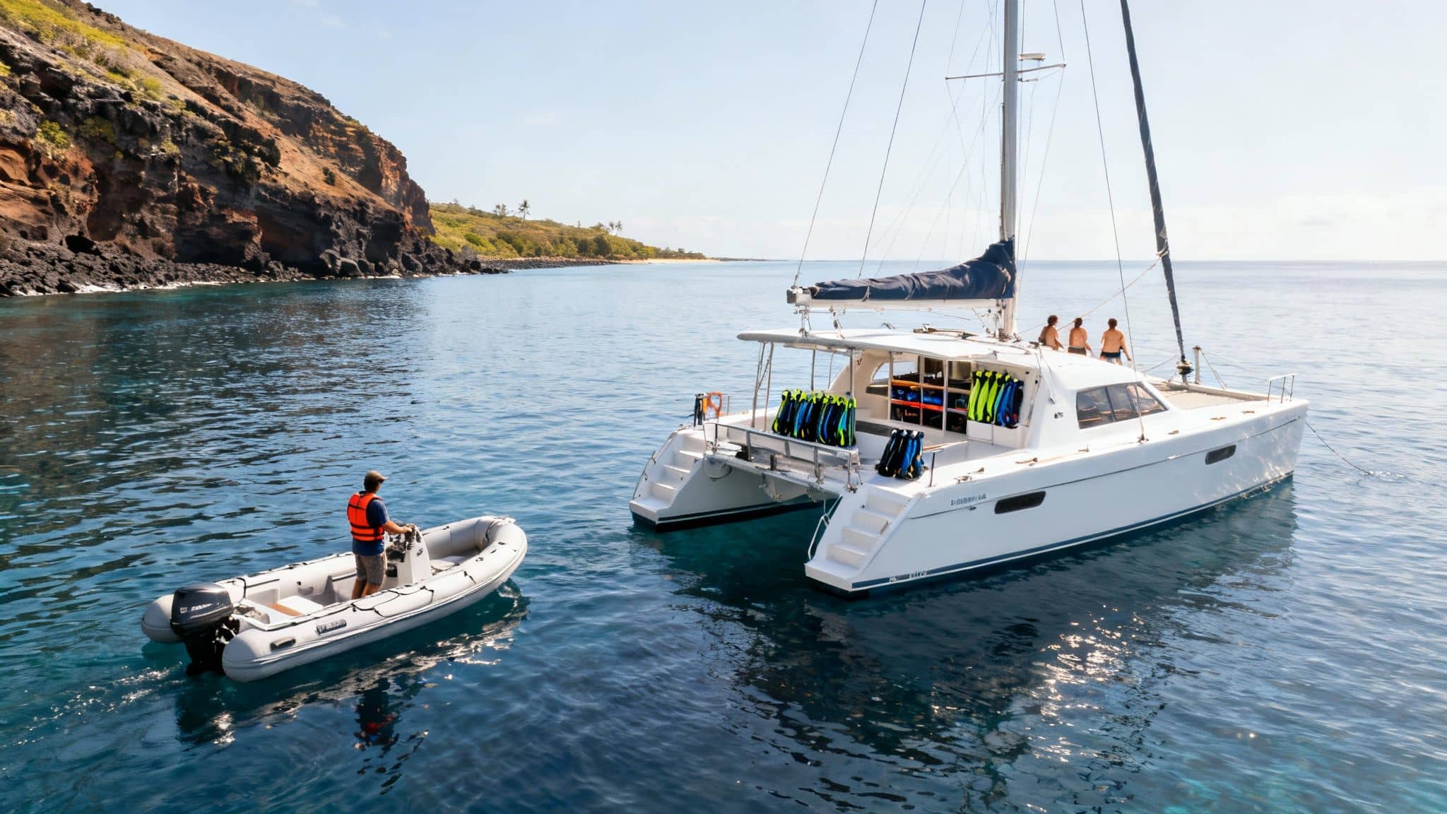 A person in an inflatable dinghy approaches a large white catamaran anchored near a volcanic coastline.