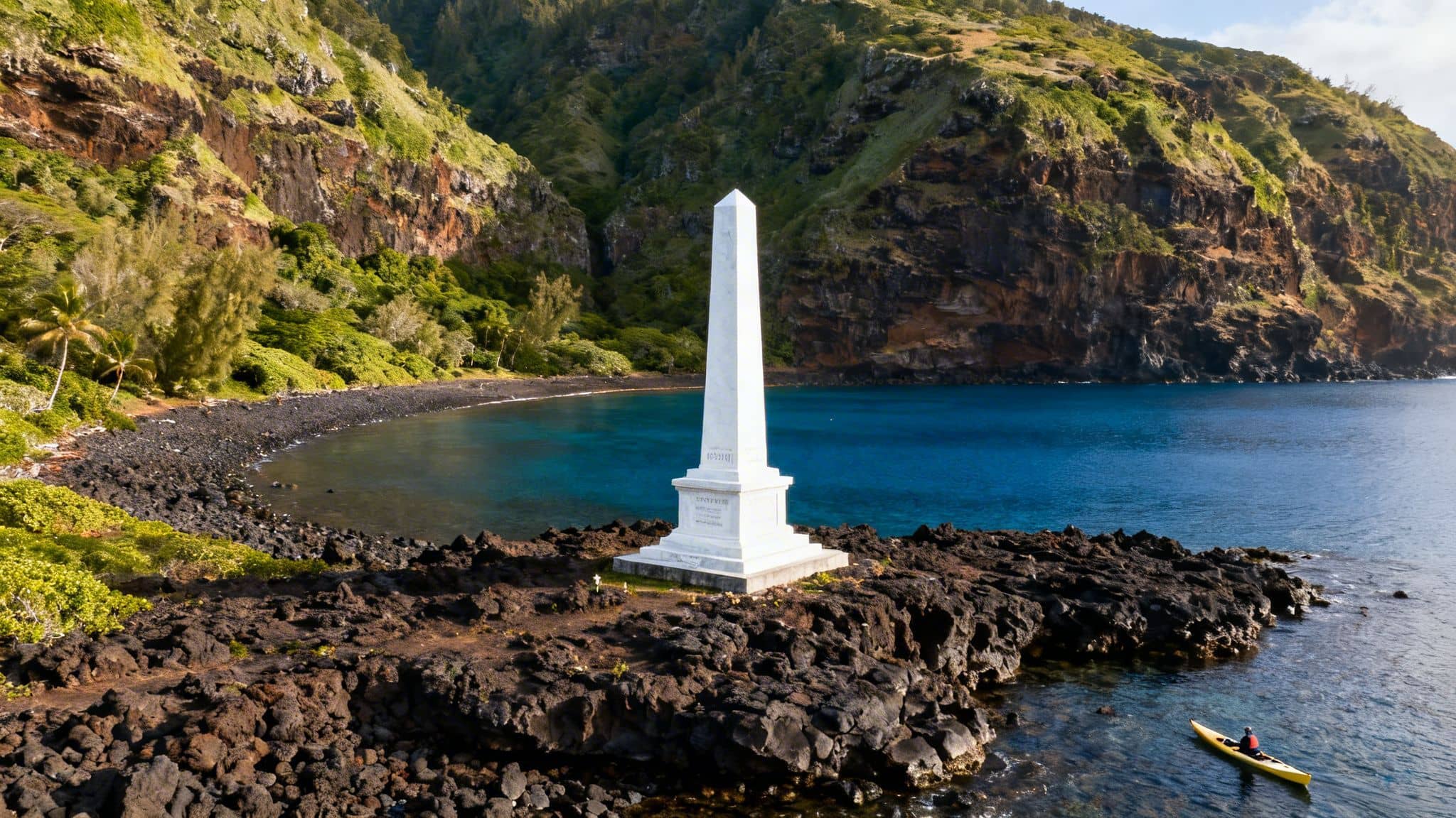 White monument on rocky shore overlooking a black sand beach and tranquil blue bay with green cliffs.